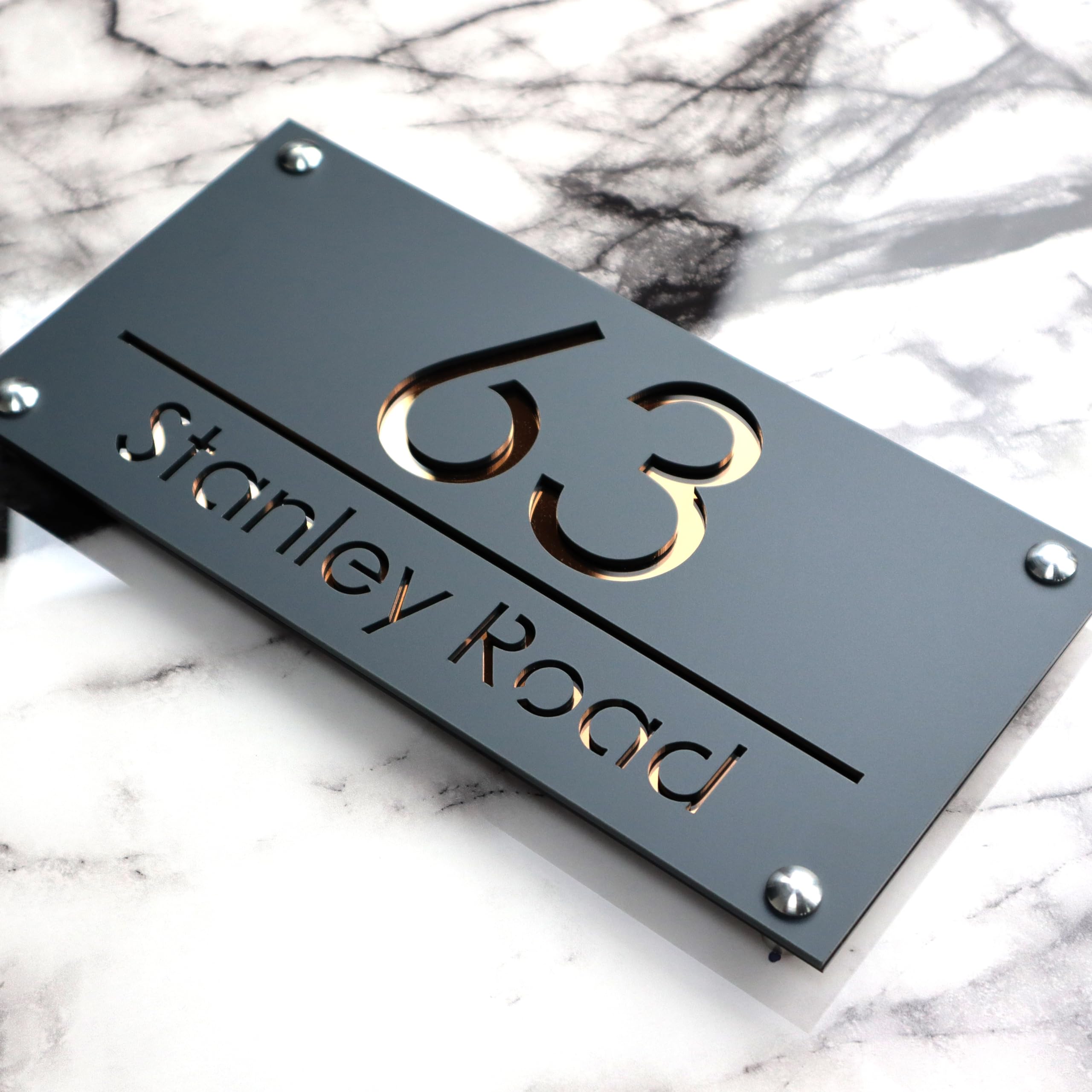 K SMART SIGN | LUXE H3 F31 | House Numbers Plaques House Numbers Door Signs House Number For Wall Name Plaques For Outside 3D Laser Cut acrylic Mirrored Marble (Matt Gray & Copper Mirror)