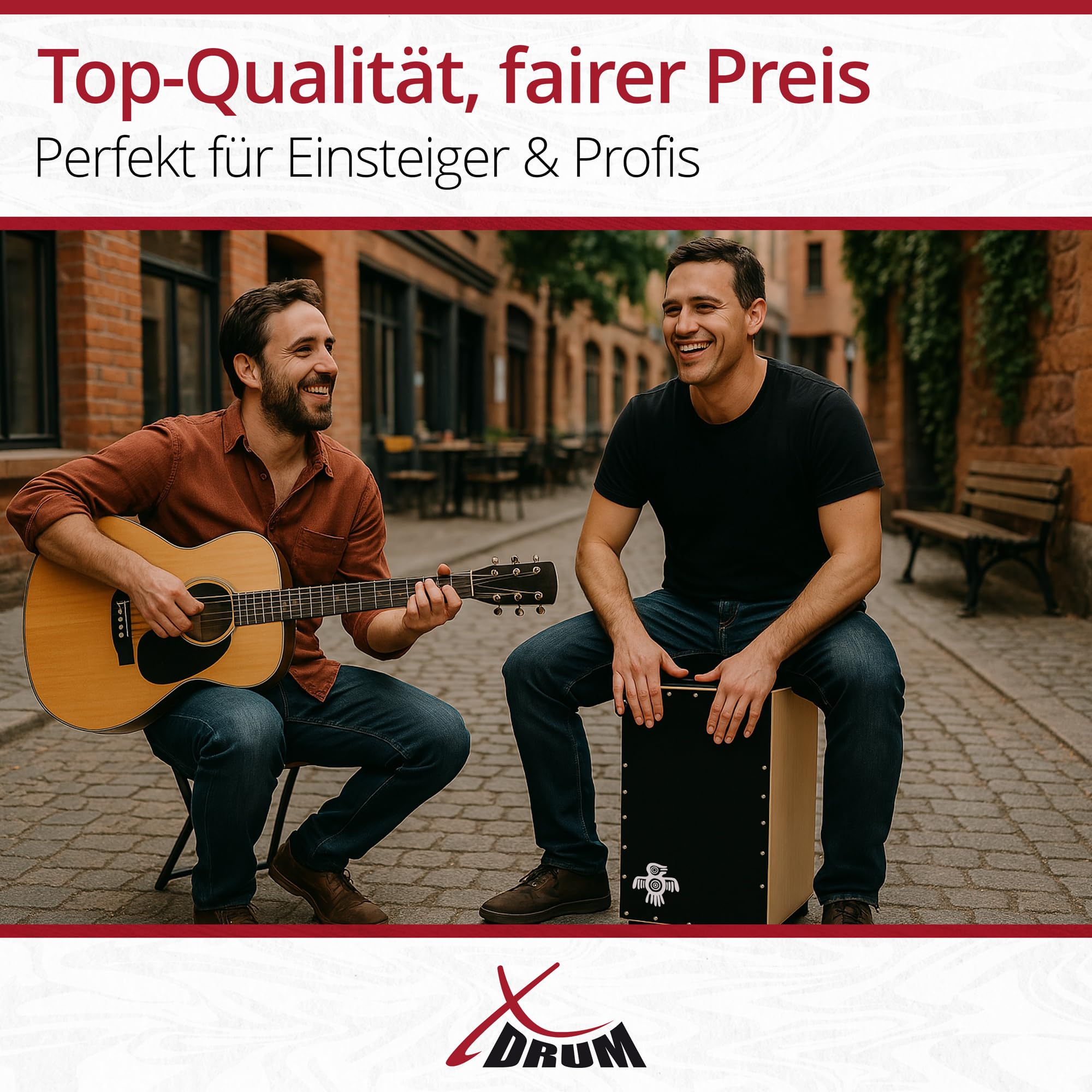 XDrum PERC CP-481 Cajon Peruana Black Wood Set (Set inkl. Cajon mit Birken-Korpus & Snareeffekt, passende Rucksack-Tasche für sicheren Transport & Aufbewahrung und Cajonschule für Einsteiger)