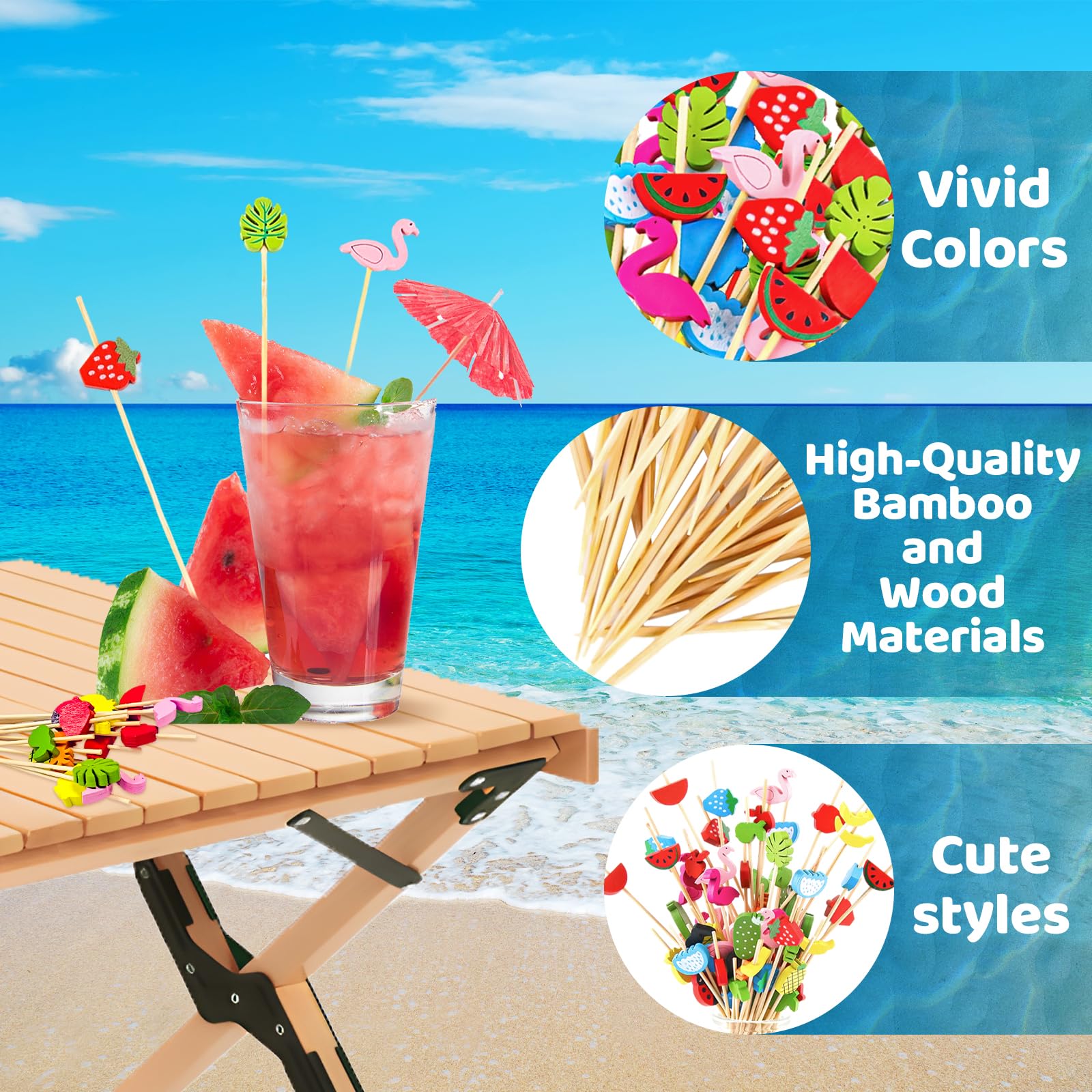 CIYIN 100 Pezzi Bastoncini Cocktail, Stecchini per Aperitivo, 12 cm Stuzzicadenti in Legno per Frutta con Motivo Tropicale, Stuzzicadenti Decorativi, per Antipasti Frutta Dessert