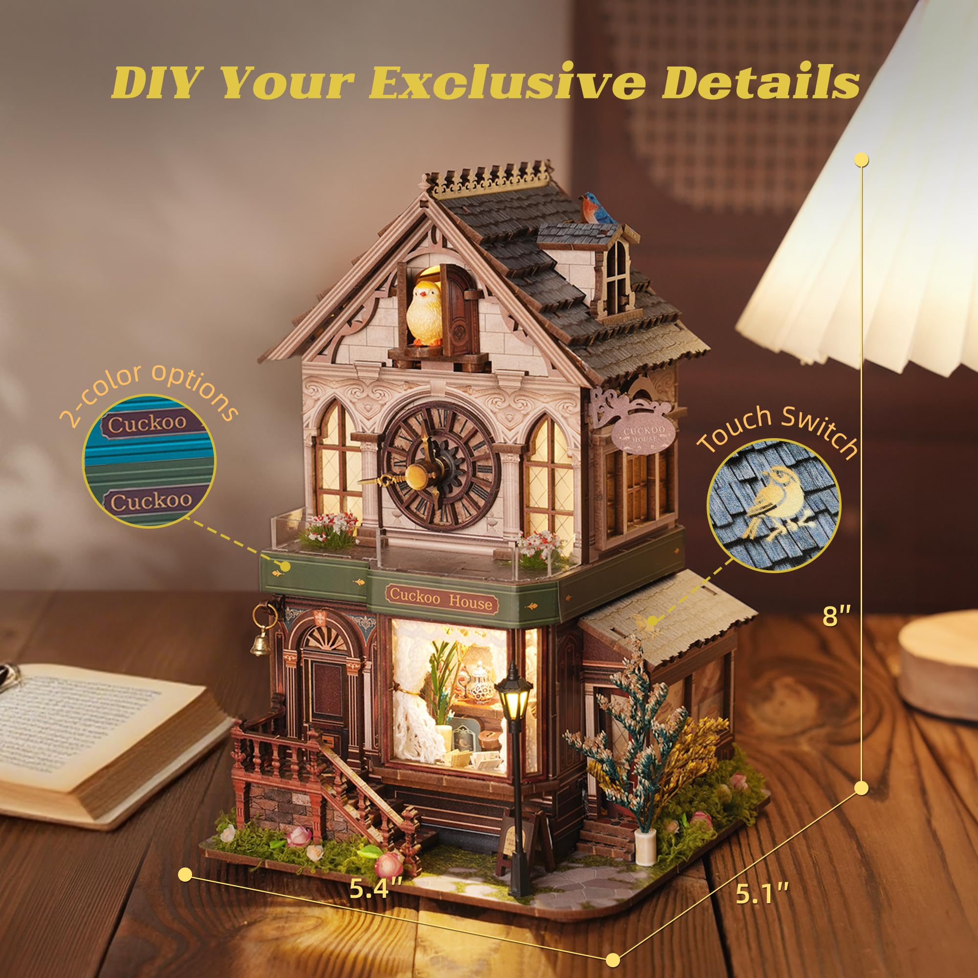 FUNPOLA Puzzle 3D en Bois Maison Miniature avec Son de Coucou, Kit Modèle Mécanique DIY Horloge à Coucou, Décoration Maison, Cadeau Créatif pour Adultes et Adolescents (Maison Coucou)