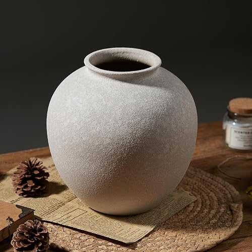 7.8 Inch White Ceramic Vase, Rustic Farmhouse Décor | Round stone-look finish, fits dried flowers, greenery, table centerpieces, weddings, holidays, bathroom, and entryway