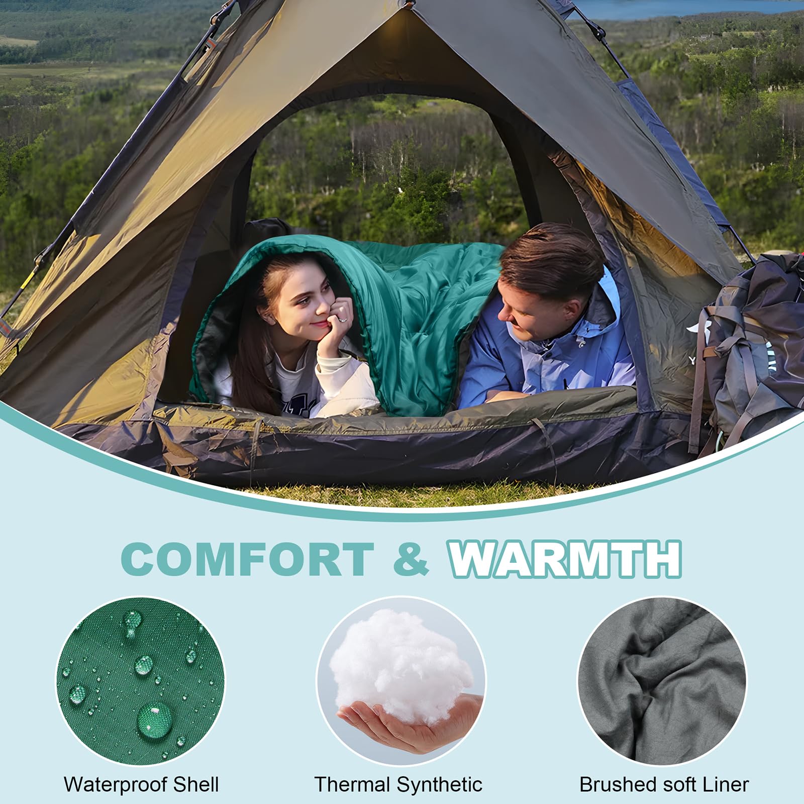 Saco de dormir doble, saco de dormir para 2 personas, tamaño Queen, para adultos, parejas, familia, camping, mochileros, XL, impermeable, ligero, para clima frío y cálido (azul lago)