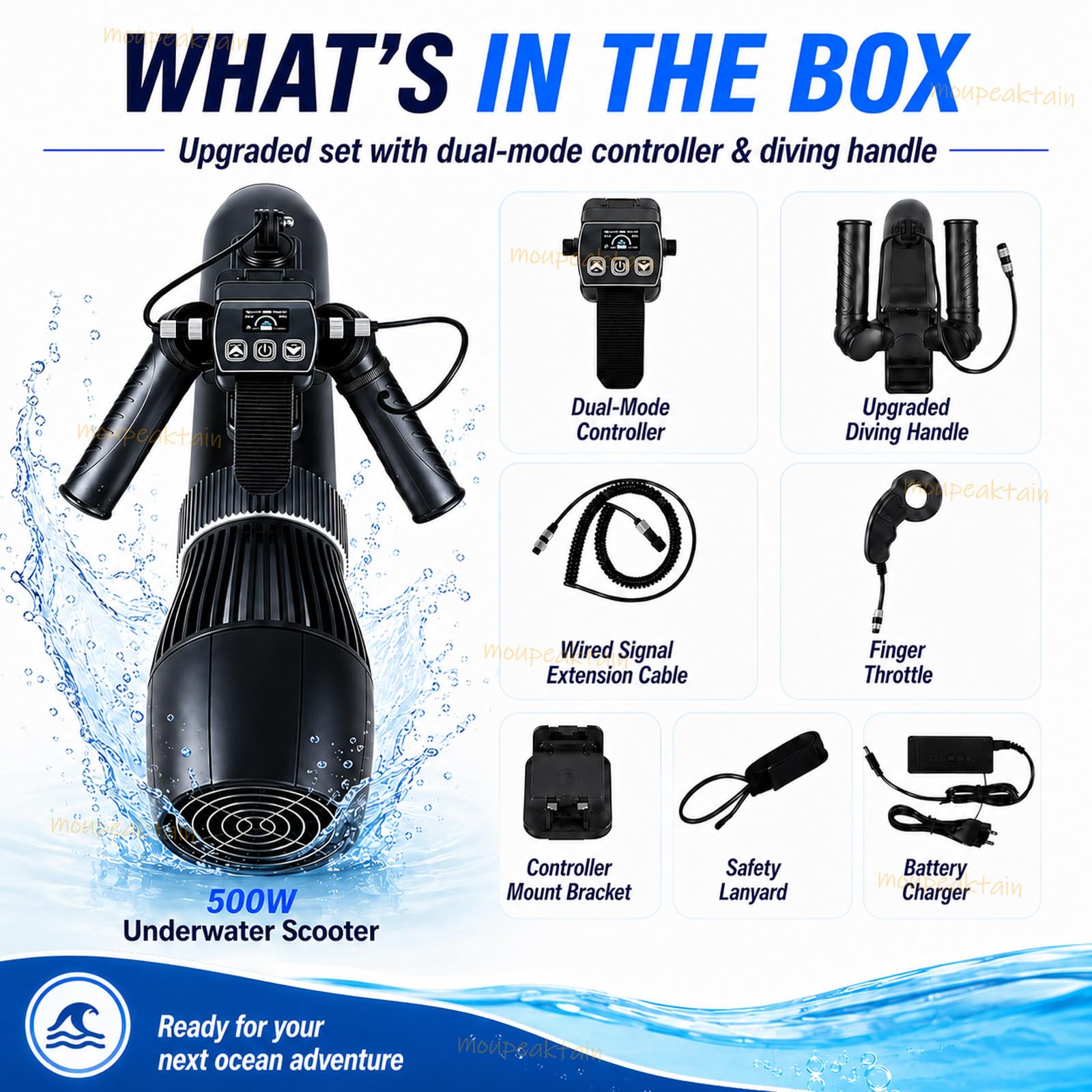 Scooter Submarino Para Buceo, 500 W, 9 Velocidades, Mando Remoto | 3-9 Km/H, Batería De 16000 Mah, Control Con Cable E Inalámbrico, Compatible Con Sup Y Kayaks Seleccionados