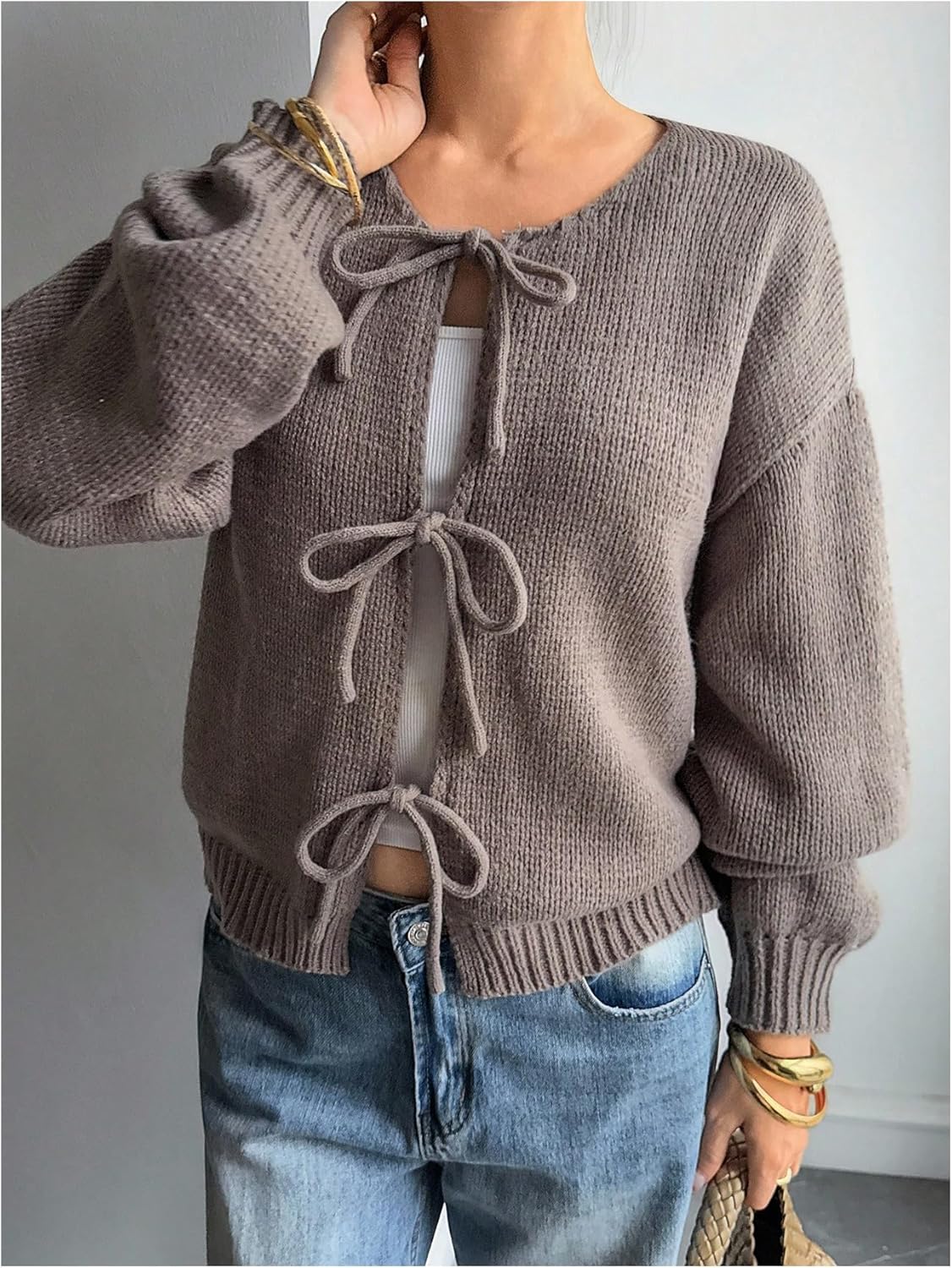 SOLY HUX Women's Tie Front Cardigan Lightweight Long Sleeve Casual Loose Sweater Tops