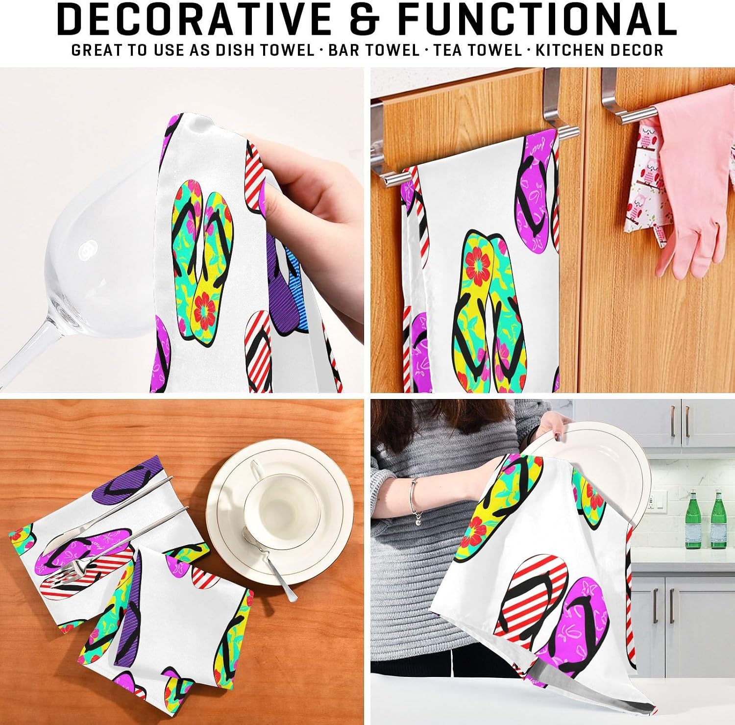 Colorful Flip-Flops Kitchen Towels Set of 6, Soft Absorbent Quick Drying and Reusable Dish Towels for Kitchen, Bathroom and Home Decor, 18 x 28 in
