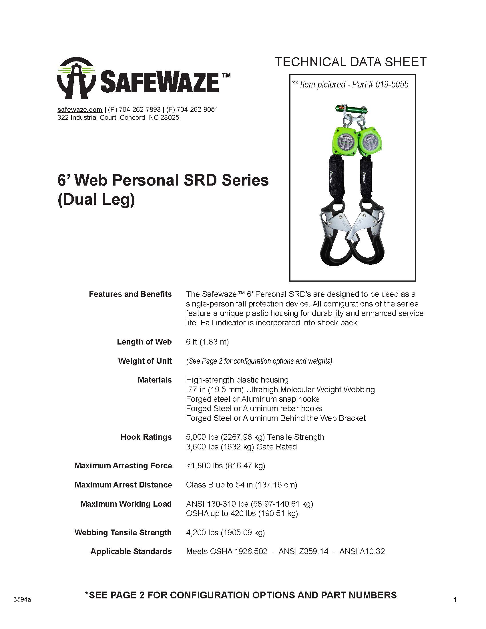 Safewaze 019-5154 6' Web Dual Leg Retractable with Steel Rebar Hooks & FS1014 BWB