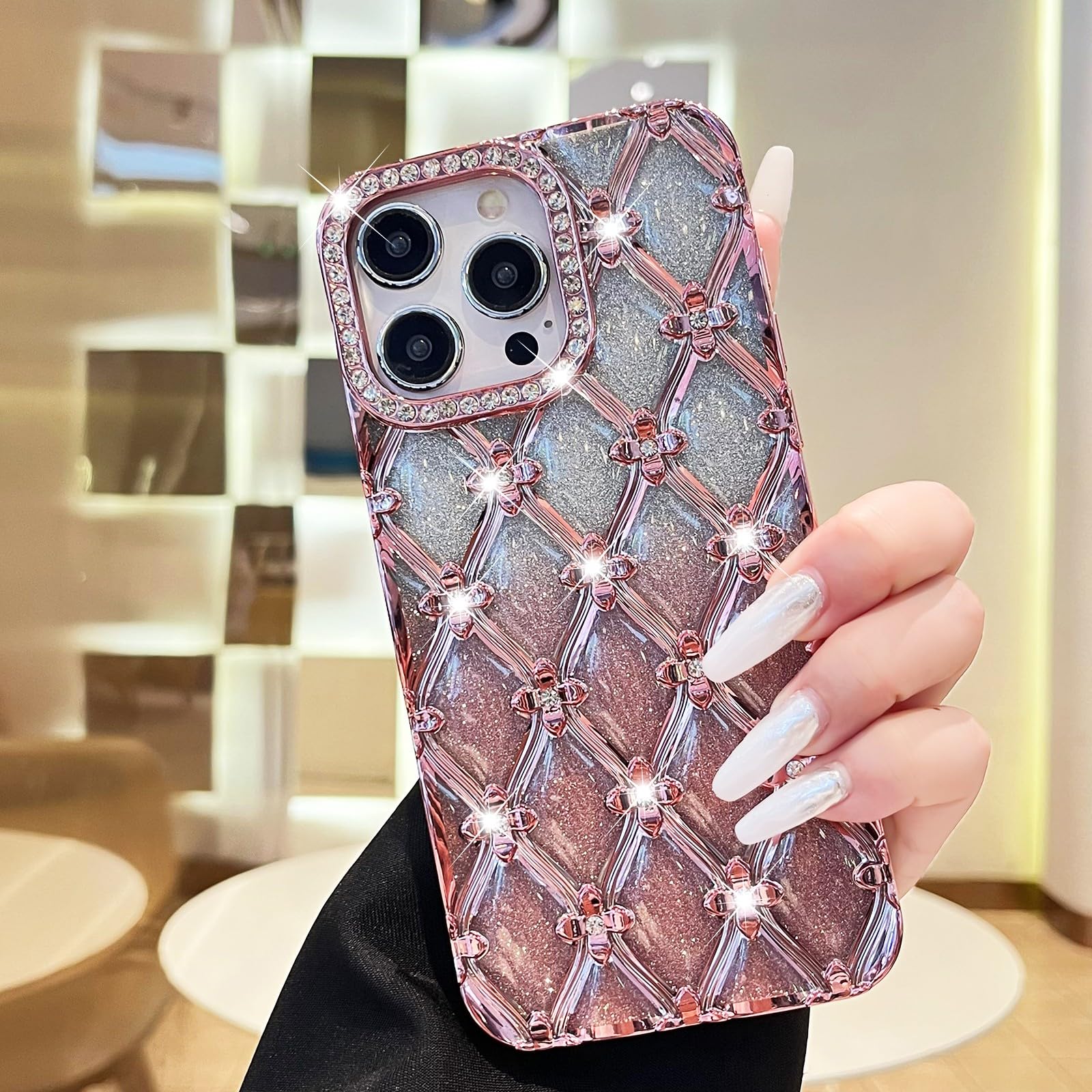 Coque iPhone 14 Pro rose paillettes silicone rigide protection antichoc