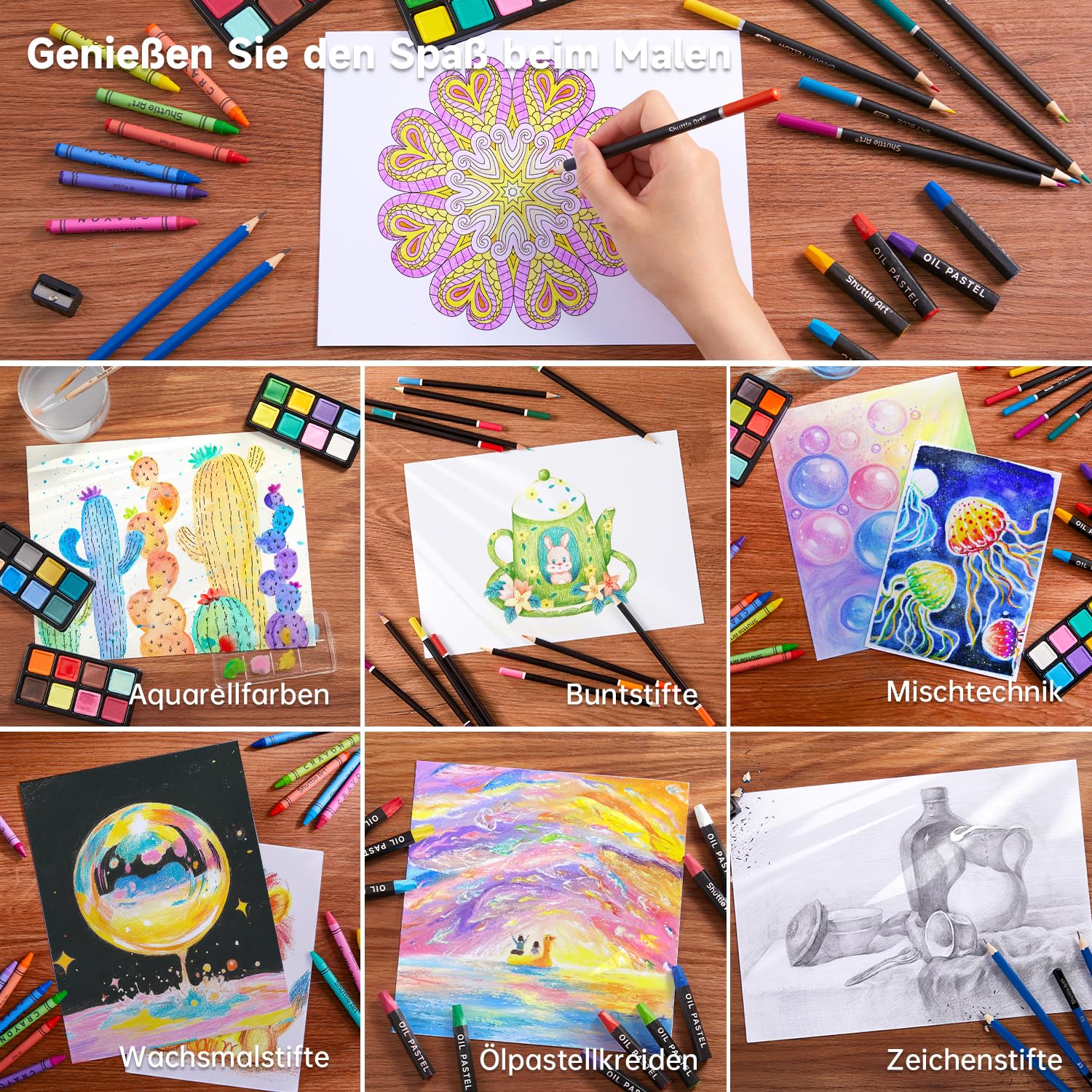 Shuttle Art 149 teiliges Malset, Deluxe Malkoffer mit Buntstift, Ölpastellkreide, Aquarellfarben, Wachsmalstifte, Malbuch, Aquarellblock, Holzkoffer, Künstlerkoffer, Malset für Kinder und Erwachsene