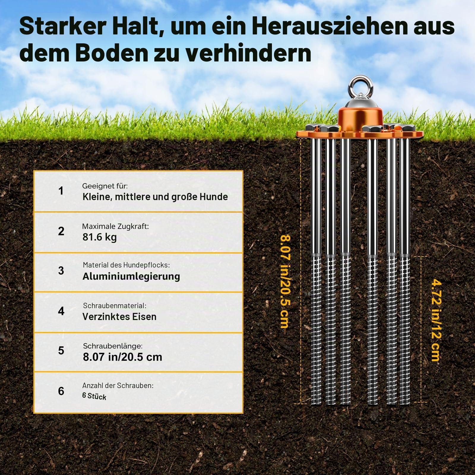 Anlegepflöcke für Hunde und Kabel, 360° Schwenkbar HundPfähle, Heavy Duty Hundehof Leine Pfahl mit 20 ft Hund Tie Out Kabel, Hund Läufer 180 lbs Zugkraft für Draußen Camping Hof, Orange