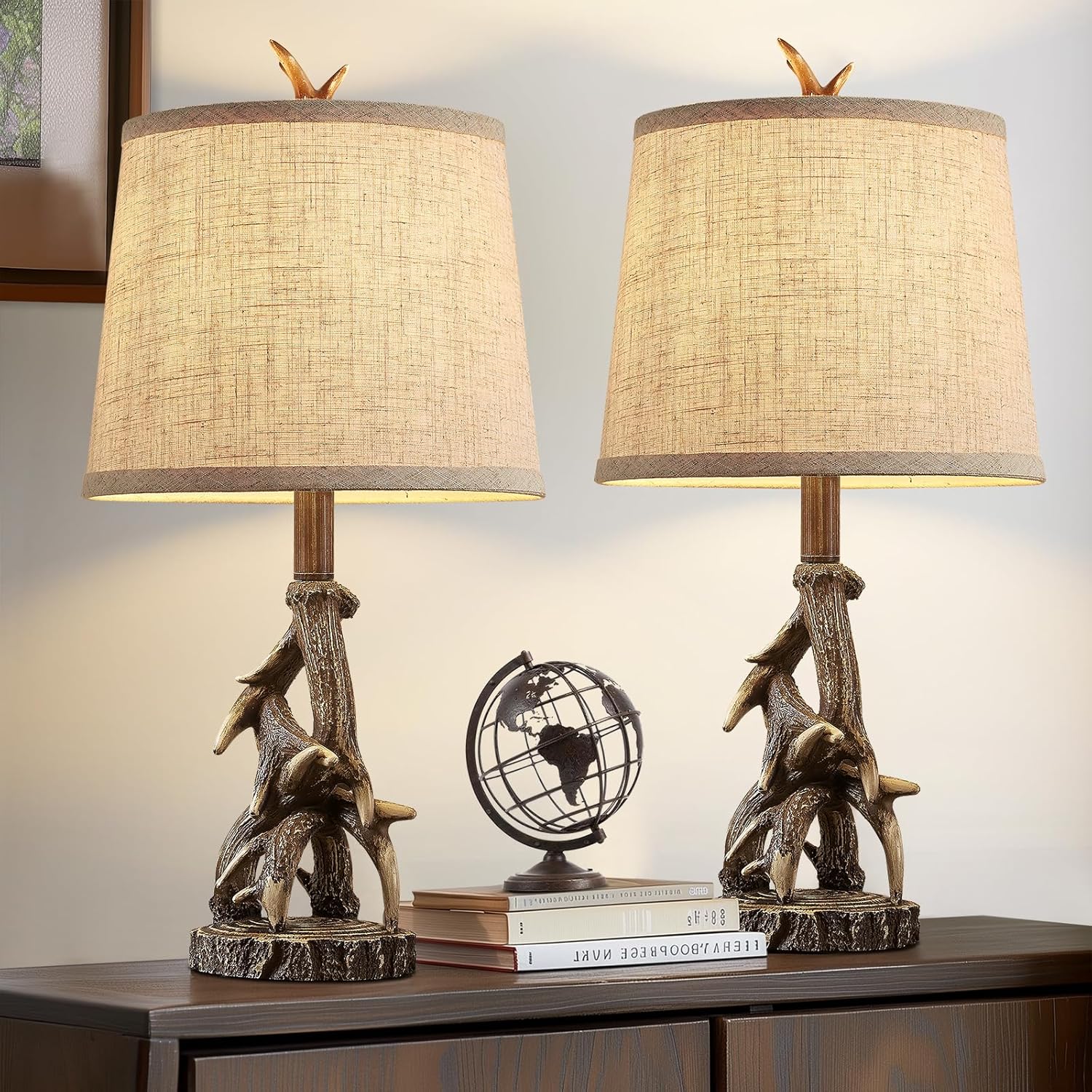 23'' Rustic Farmhouse Table Lamps Set of 2 Deer Antler Lamps for Bedroom Nightstand Lamp Western Cabin Side Lamp for Living Room End Table Study Room Desk,Brown