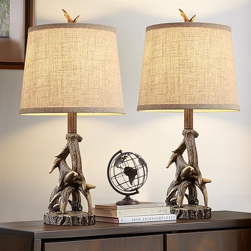 23'' Rustic Farmhouse Table Lamps Set of 2 Deer Antler
