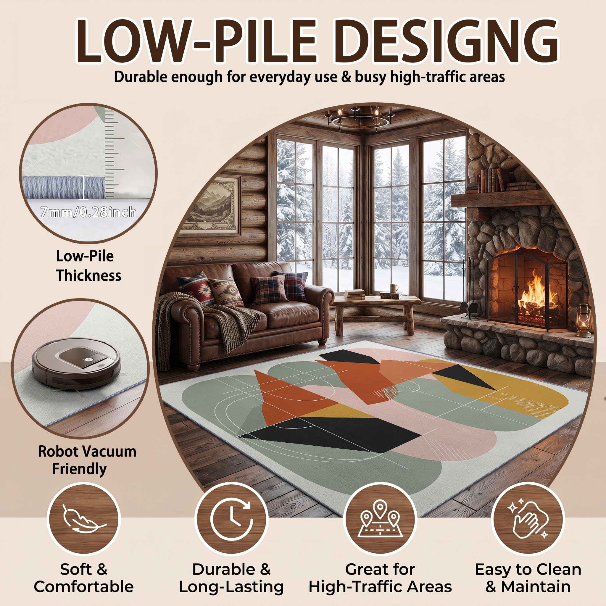 Tapis Lavable Machine Salon 80 x 150 cm, Antidérapant Sol Géométrique Abstrait Poil Bas Doux Collage Géométrique Bloc De Couleur Motif Chambre Cuisine Entrée Salle Détente Décoration Maison, Blanc