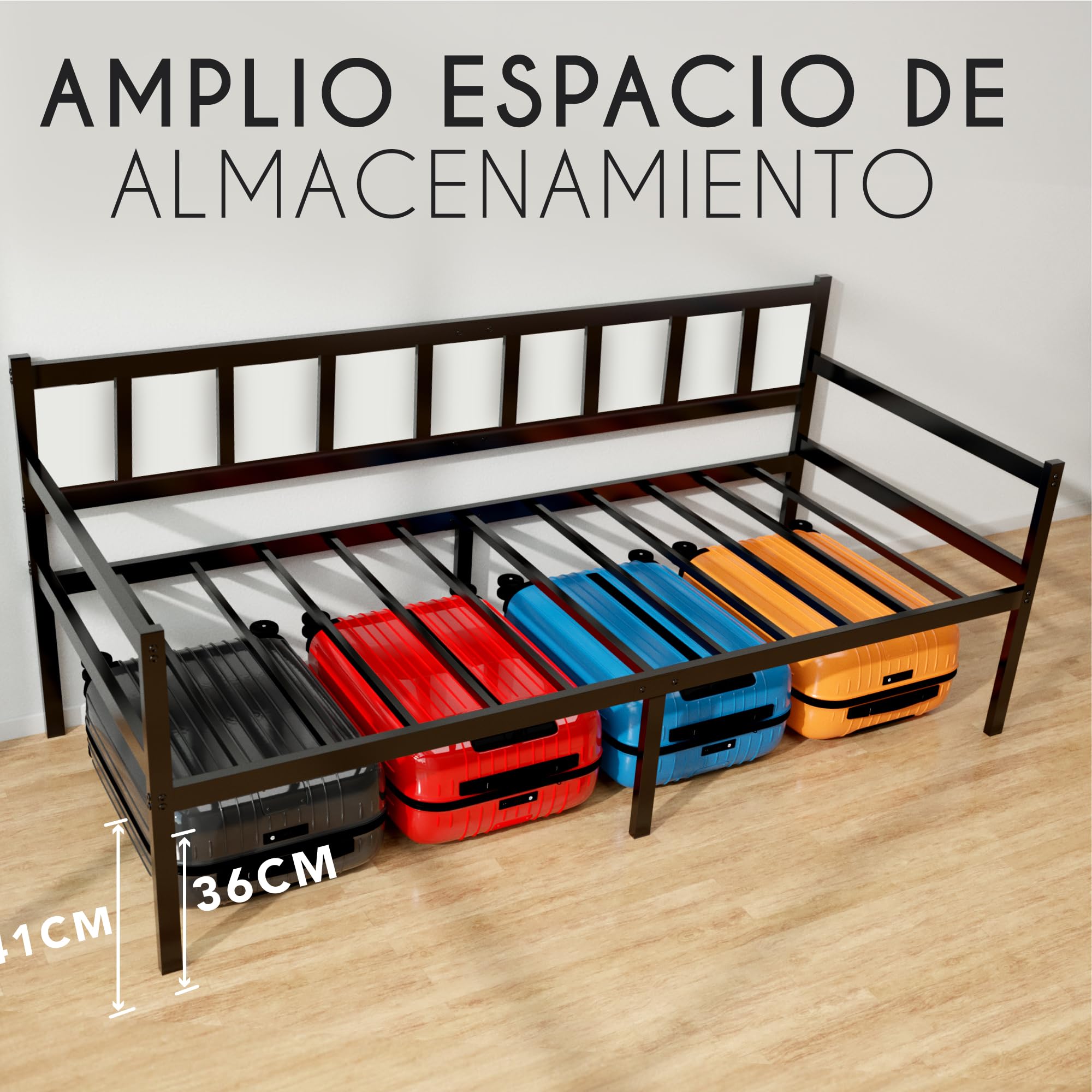 Cama de Asiento 2 en 1 – Cama de sofá 92 x 202 x 36 cm – Marco de Cama para colchón de 90 x 200 cm – Marco de Cama de 1 Plaza con somier – Banco de Cama Individual – Sofá Marco de Metal Negro