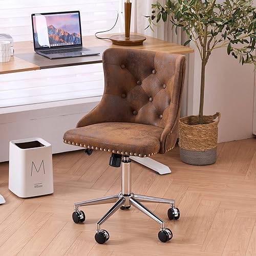 VINGLI Microfiber Rustic Swivel Desk Chair for Bedroom Retro Upholstered Modern Computer Desk Chair with Wheels, Small Home Office Chairs with Adjustable Height, Titling
