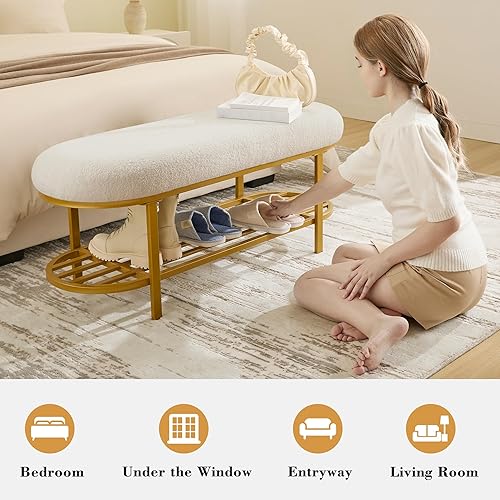 Miniatura 27 de Banco de almacenamiento de zapatos de 46 pulgadas con cojín, banco de entrada de 2 niveles, patas de metal moderno, zapatero con estante para