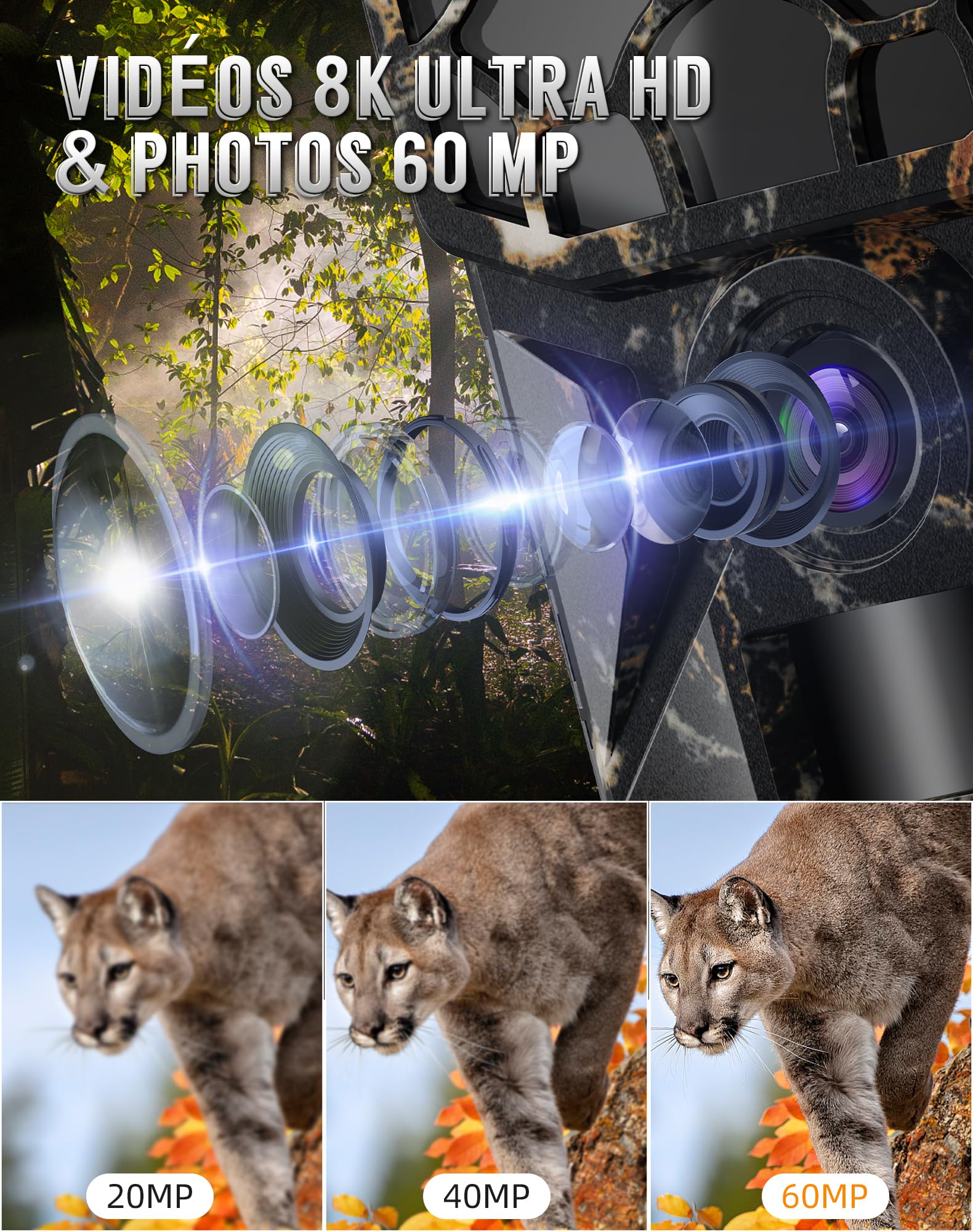 Caméra de chasse - Solaire 8K 60MP WiFi camera animaux,activation par mouvement en 0,1 seconde, portée de détection de 19,8 mètres, vision nocturne HD sans émission de lumière, résistance à l'eau IP66