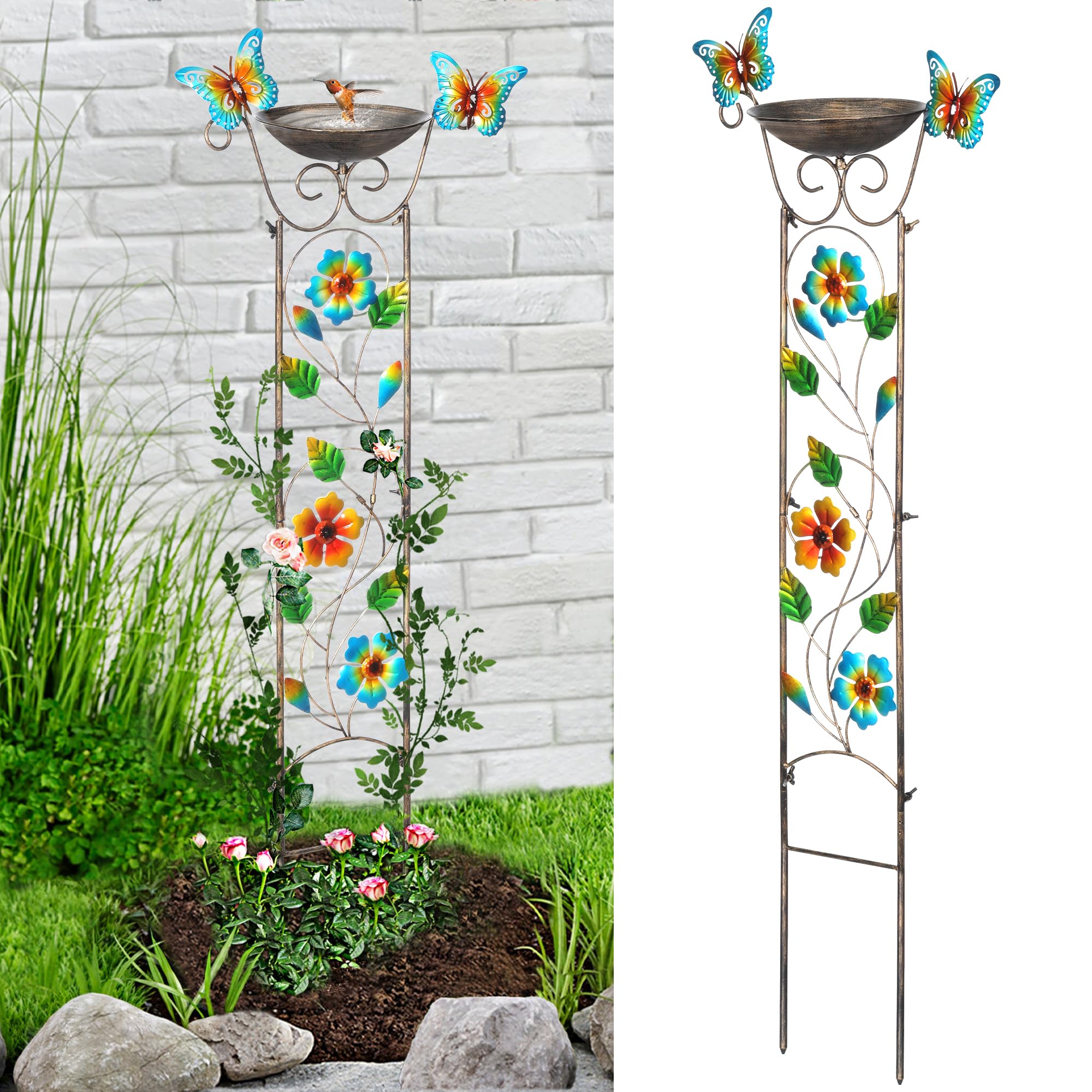 LEWIS&WAYNE Garden Trellis Bird Bath Outdoor, 40 Inch Antique Iron Garden Plant Trellis Decorative with Floral-Butterflies and Detachable Drinking