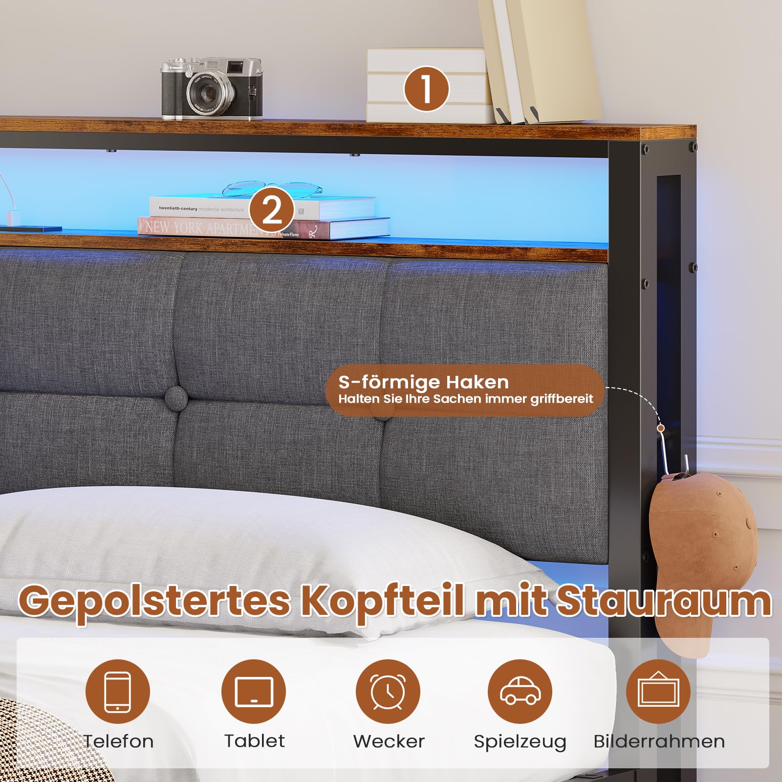 AOGLLATI Polsterbett 140x200 mit Ladestation Bett 140X200 mit LED-Beleuchtung,Bettgestell mit Lattenrost Metallbett Jugendbett mit Kopfteil aus Leinenstoff (140×200cm)