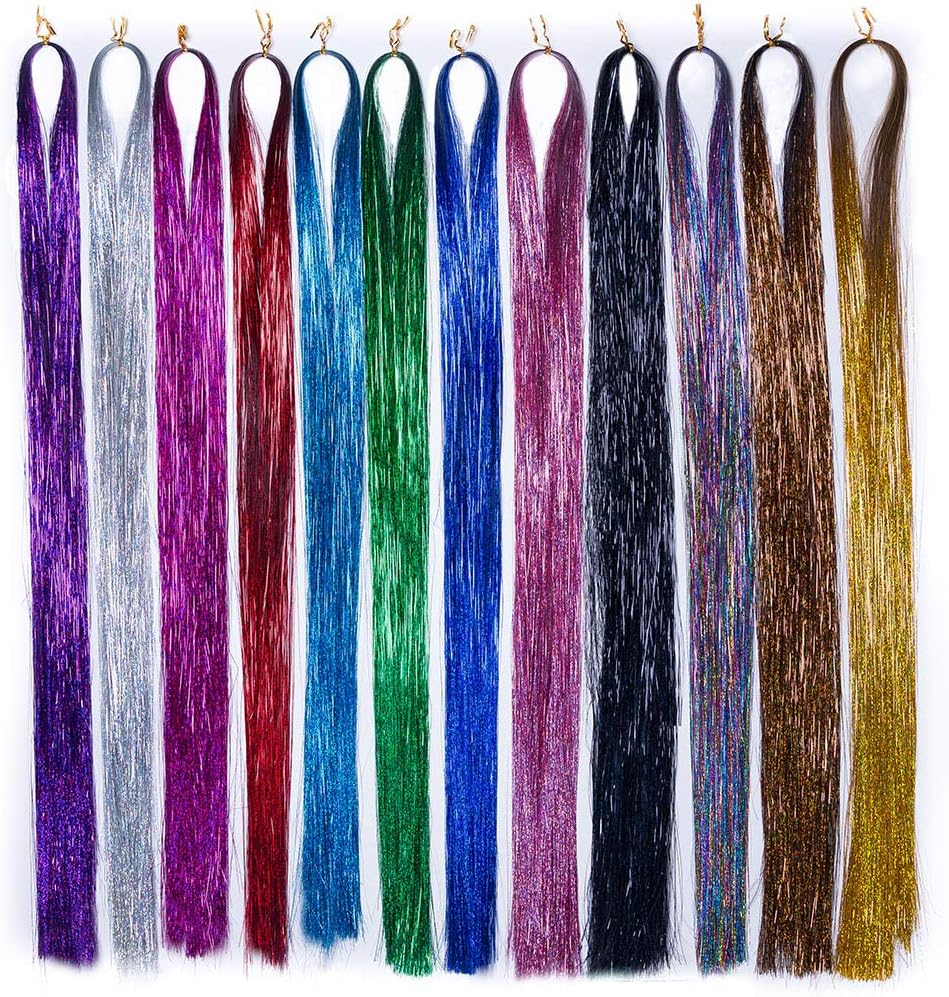 Hair Tinsel Strands Sparkl Glitter Bling Hair 600 Stands Multi-Colors Synthetic Hair Extension Glitter Rainbow Party Highlights Glitter 12 Colors 48inch (Multi-Colors)