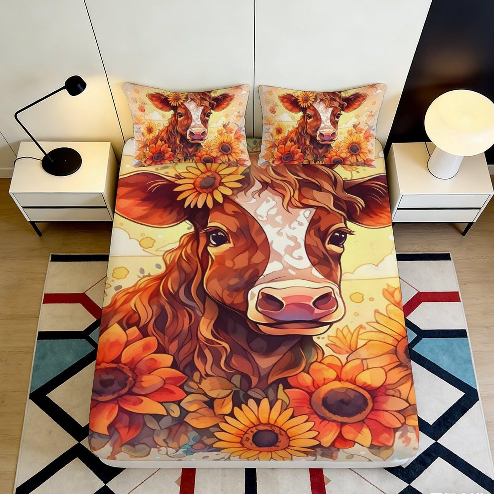 Uxinyoume Style-6 3D Printed Sunflower Cow Fitted Sheet Microfiber Mattress Cover Orange Floral Decor For Bedroom Dorm Easy Care 90X200x25cm