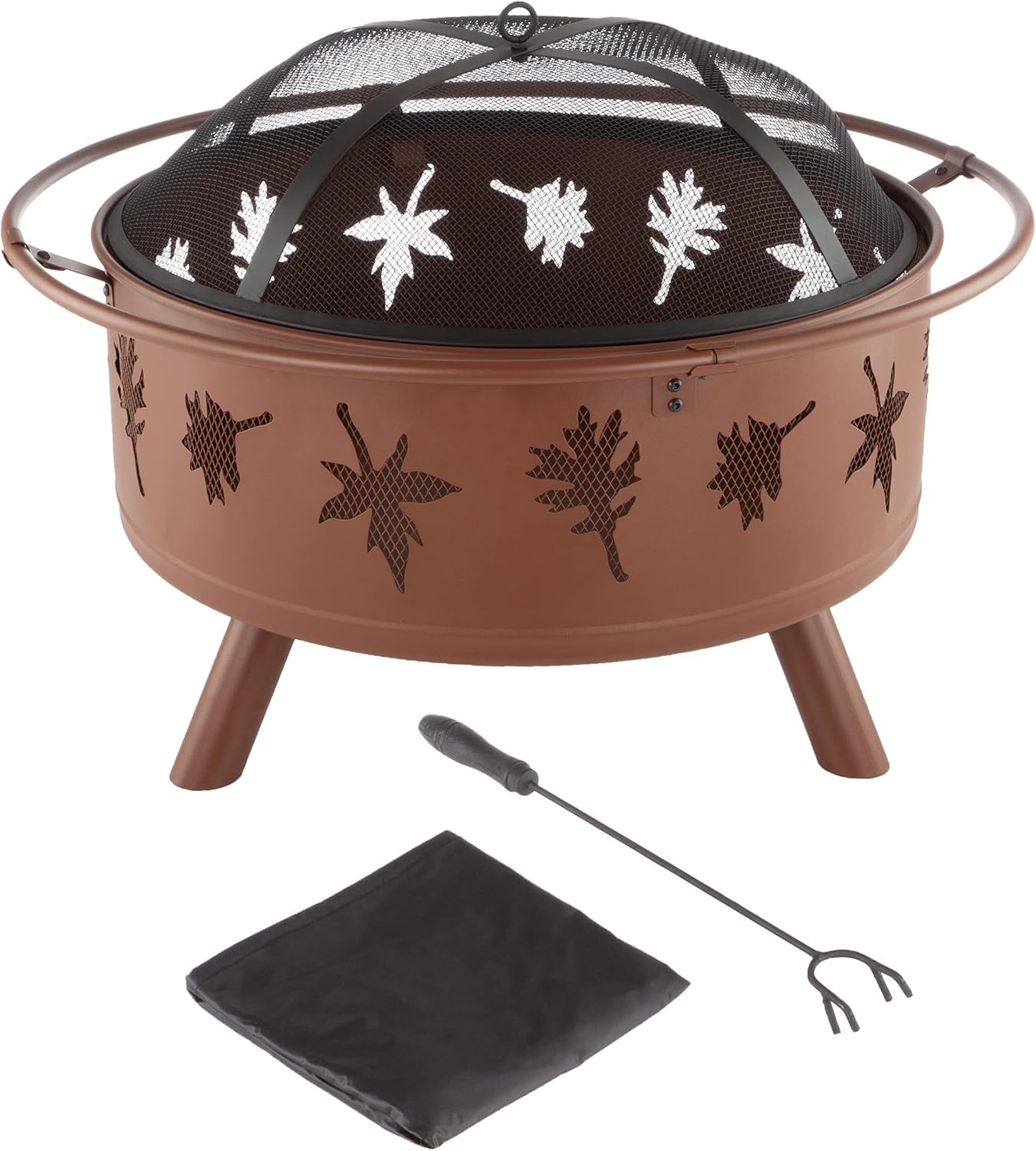 Fire Pit - 32-Inch Round Outdoor Wood-Burning Fireplace with Steel Bowl, Leaf Cutouts, Spark Screen, Log Poker and Storage Cover by Pure Garden (Rust) : Patio, Lawn & Garden