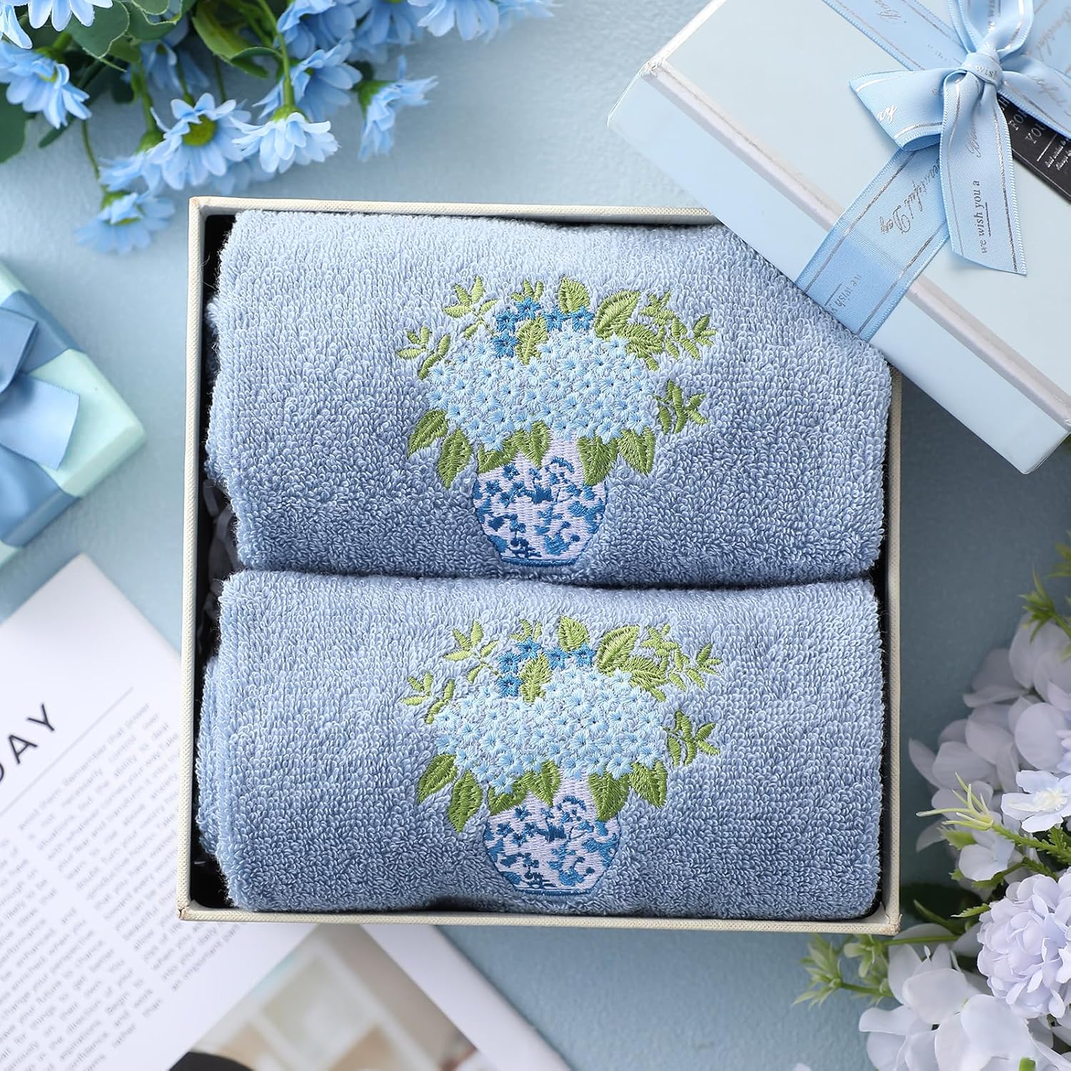 Frienda 2 Pcs Chinoiserie Vase Hydrangea Hand Towels Slate Blue Bathroom Decor 29.5x13.8 Inches Embroidered 100% Cotton Soft Absorbent Spring Summer Decorative Hand Towels for Bathroom Kitchen - Image 2