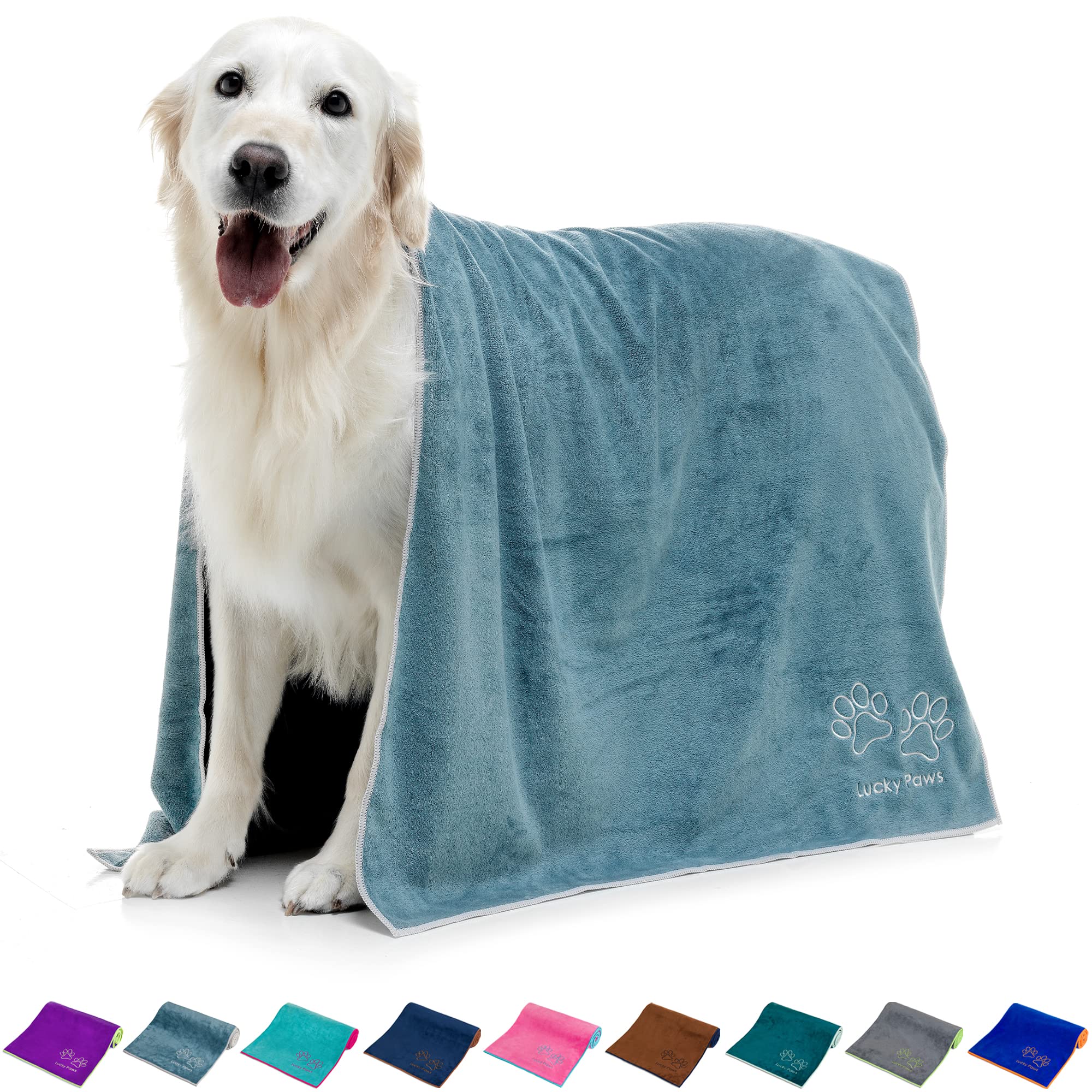Lucky PawsDog Towel – Extra Large 140 x 70cm - UK Based Seller - Super Absorbent Microfibre Towel - Fast Drying - Super Soft - Premium Pet Towels (Pack of 1, Petrol Blue/Grey)