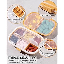 MEACOLIA 3 Pack 8 Compartments Travel Pill Organizer, Daily Pill Case Small Pill Box for Pocket Purse, Portable Pill Container Medicine Vitamin Organizer (Dark Blue, Red, Yellow)