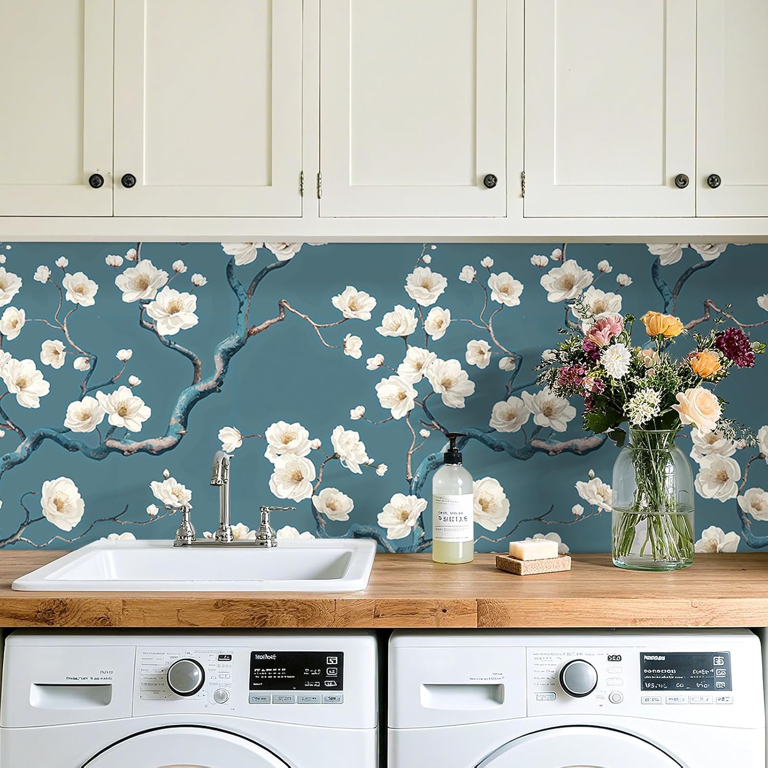 Livelynine 17.5x276 Japanese Floral Peel and Stick Wallpaper Vintage Cherry Blossom Tree Chinoiserie Blue and White Wallpaper for Bedroom Bathroom Living Room Renter Friendly Contact Paper Flowers