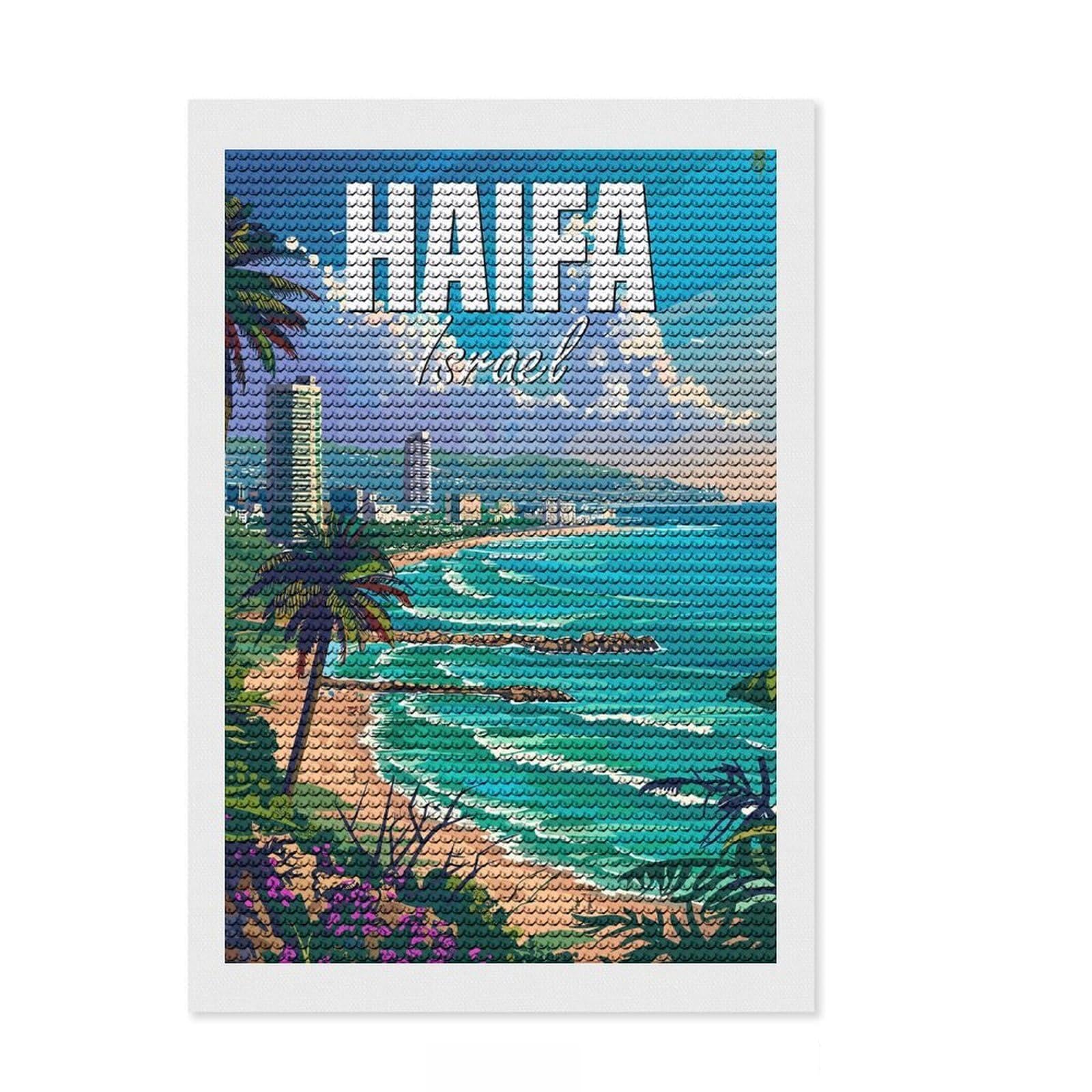 Junmoney Haifa Israel Diamond Art Kit 8"x12", Home Decoration, Relaxing DIY, Modern Decor, Holiday Gift Idea, Creative Gift Idea