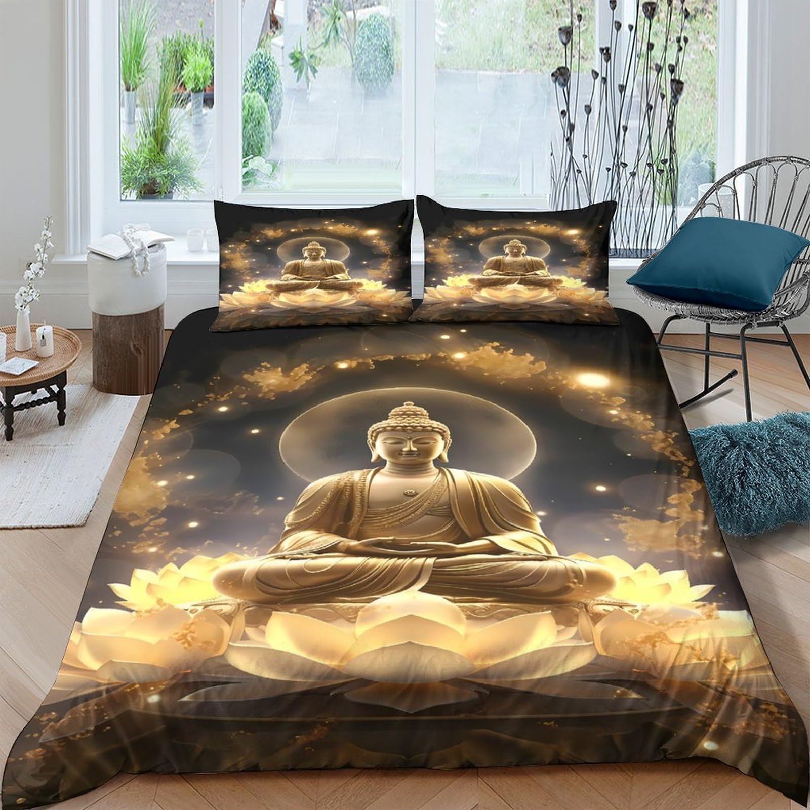 Ctjqhvkz Style-10 3D Printed Buddha Lotus Fitted Sheet Microfiber Soft Breathable Golden Aura Bed Cover For Bedroom Dorm Decor Single（135X200cm）