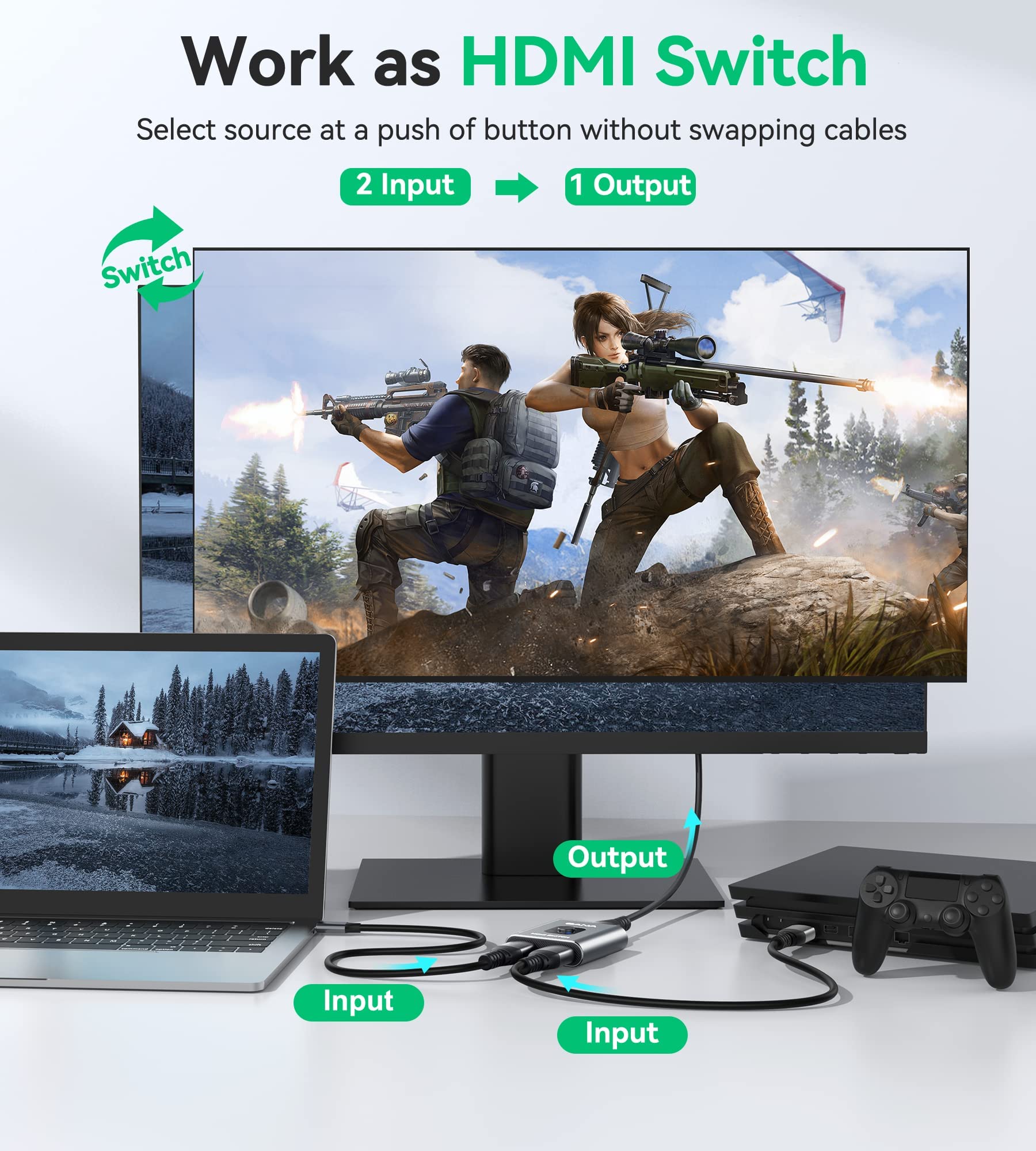 GANA Przełącznik HDMI 4K 60Hz - dwukierunkowy przełącznik aluminiowy 2 wejścia 1 wyjście/1 wejście 2 wyjścia - Plug & Play, kompatybilny z PS 5/4, serii X/S, PC (bez jednoczesnego wyświetlania)
