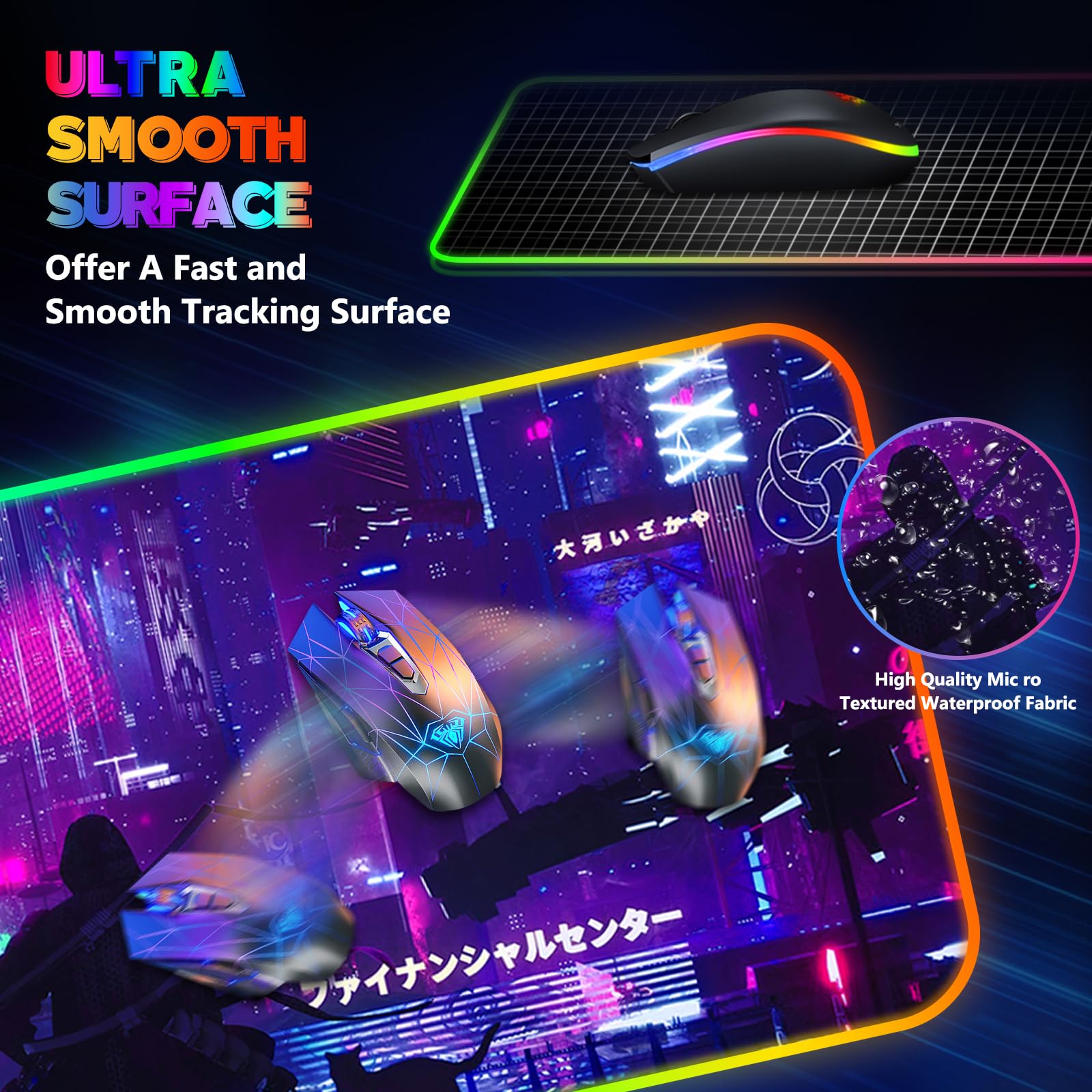 Tappetino per mouse RGB con ricarica wireless da 15 W, viola Anime Neon Extended Large LED Gaming Mouse Pad Base in gomma antiscivolo, 10 modalità di illuminazione, tappetino da scrivania per