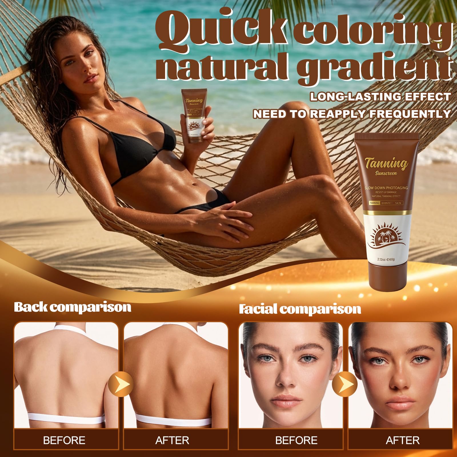 60g Potenciador del Bronceado, Crema de Bronceado Rápido, Loción Bronceadora Rápida, facilita un bronceado homogéneo en cuerpo y rostro, textura ligera de rápida absorción