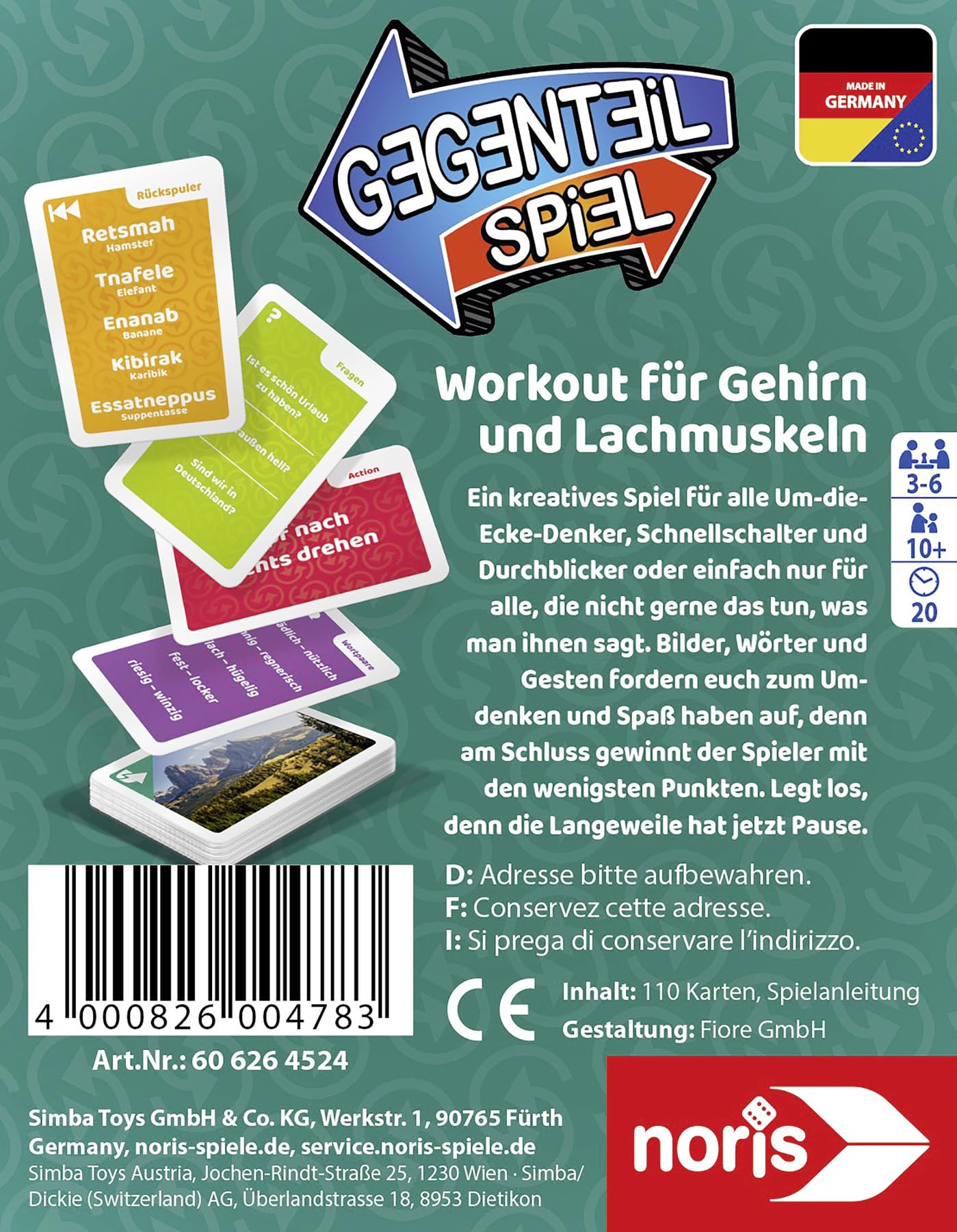 Noris 606264524 Gioco opposto – Gioco di Carte a Partire dai 10 Anni per Bambini e Adulti – Gioco Breve per allenare i Muscoli del Cervello e del Salmone per 3-6 Giocatori