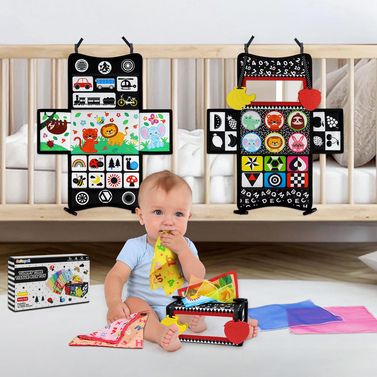 Dr.Rapeti 3in1 Giocattolo a Scatola di fazzoletti, Scatola di Fazzoletti per Neonati, Specchio per Bambini Giochi Sensoriali, Giocattolo per Bebè, con Sciarpe di Seta