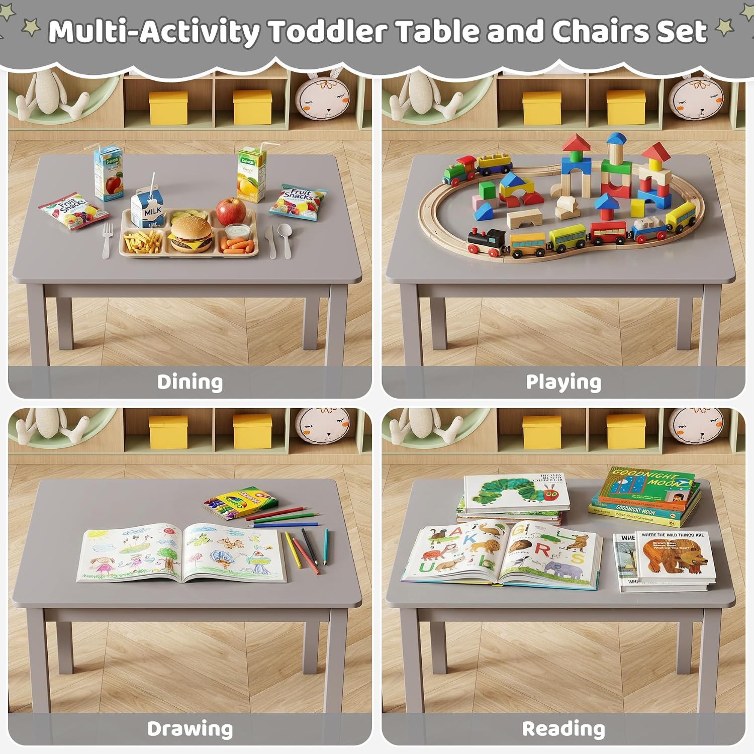DOREROOM Wooden Kids Table and 4 Chairs, Multi-Activity Toddler Table and Chairs Set, Kids Table and Chairs Set for Arts, Crafts and Snack Time, Toddler Activity Table and Chairs for Age 3-8 (Gray)