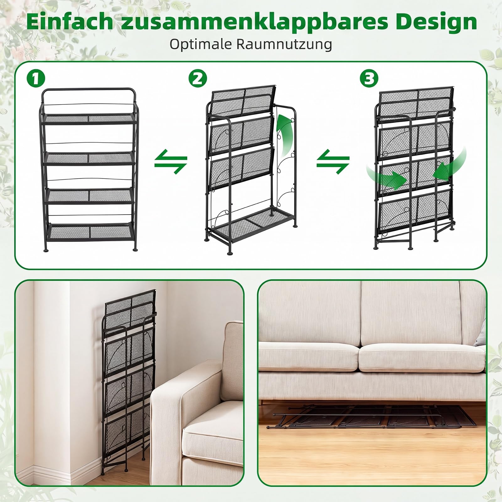 COSTWAY 4 Etagen Pflanzenständer klappbar, Blumenständer Metall, Blumenregal mit verstellbarer Ablage, bis 40kg, Pflanzenregal Blumentreppe Pflanzentreppe, Garten Terrasse Balkon, Schwarz, 60x25x100cm
