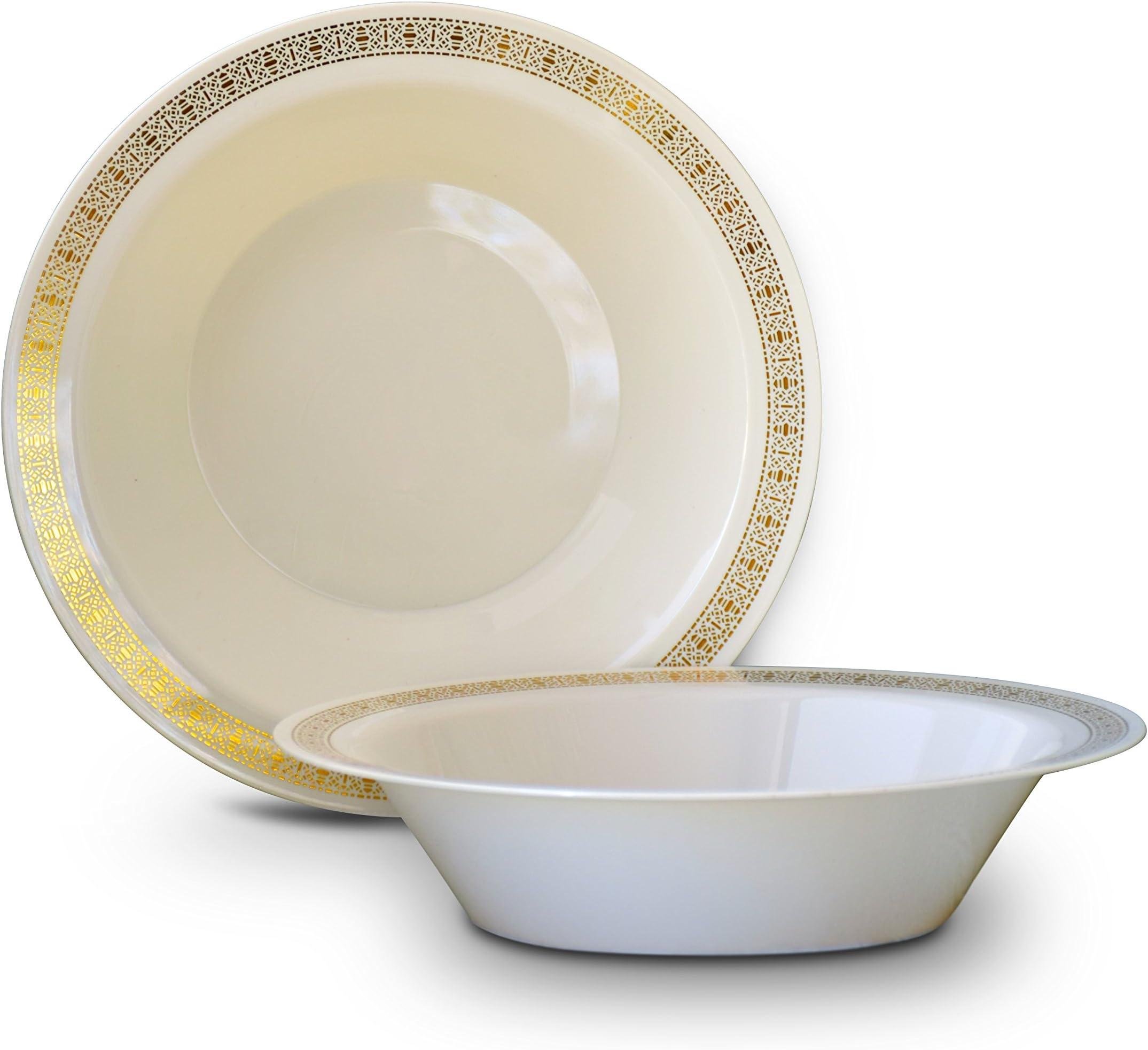 " OCCASIONS " 120 Pieces Plates Pack, Heavyweight Disposable Wedding Party Plastic Bowls (14oz Soup Bowl, Lace in Ivory & Gold)
