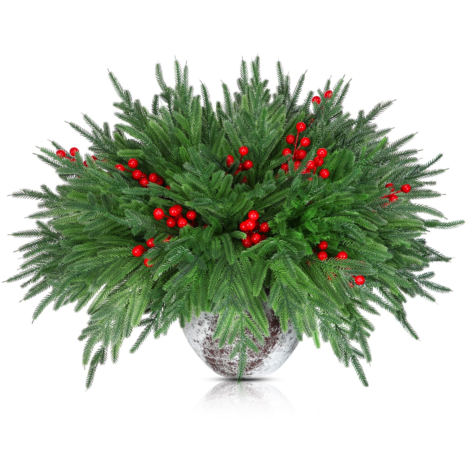 Giegxin Norfolk-Kieferzweige mit roten Beerenstielen, 45,7 cm, künstliche Grünpflanzen, Norfolk-Kieferstiele, Zweige künstliche Weihnachtszweige für Weihnachten, Basteln, Girlande, Heimdekoration, 48