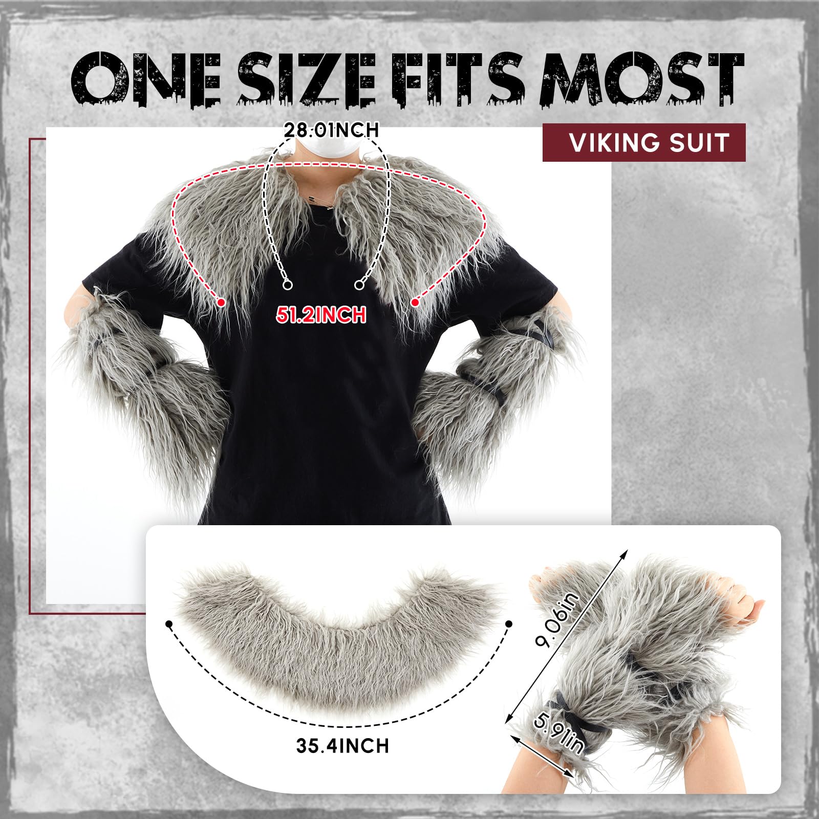Geyoga 3 Pcs Women Viking Costume Faux Woolen Fur Collar Shawl Cuffs Medieval Outfit Accessories for Halloween Cosplay(Gray) - Image 3