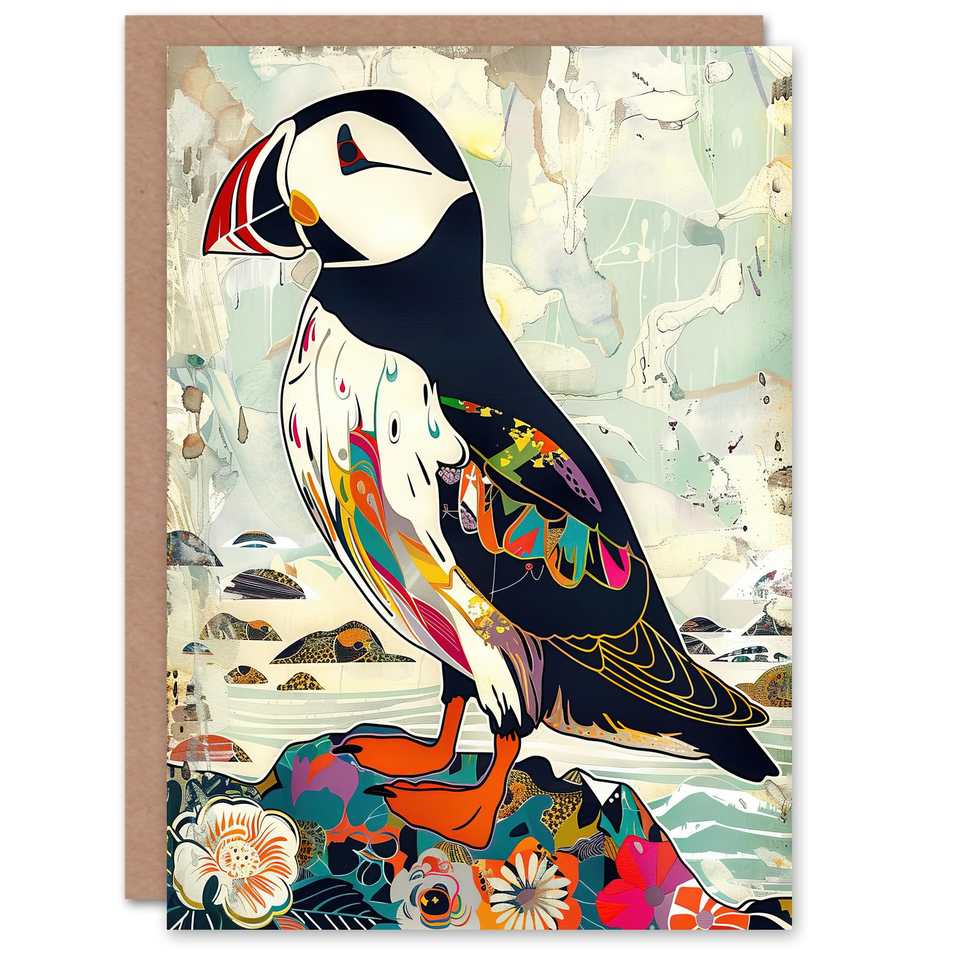 Colourful Patterned Puffin Artwork Mosaic Floral Greeting Card Birthday Him Her