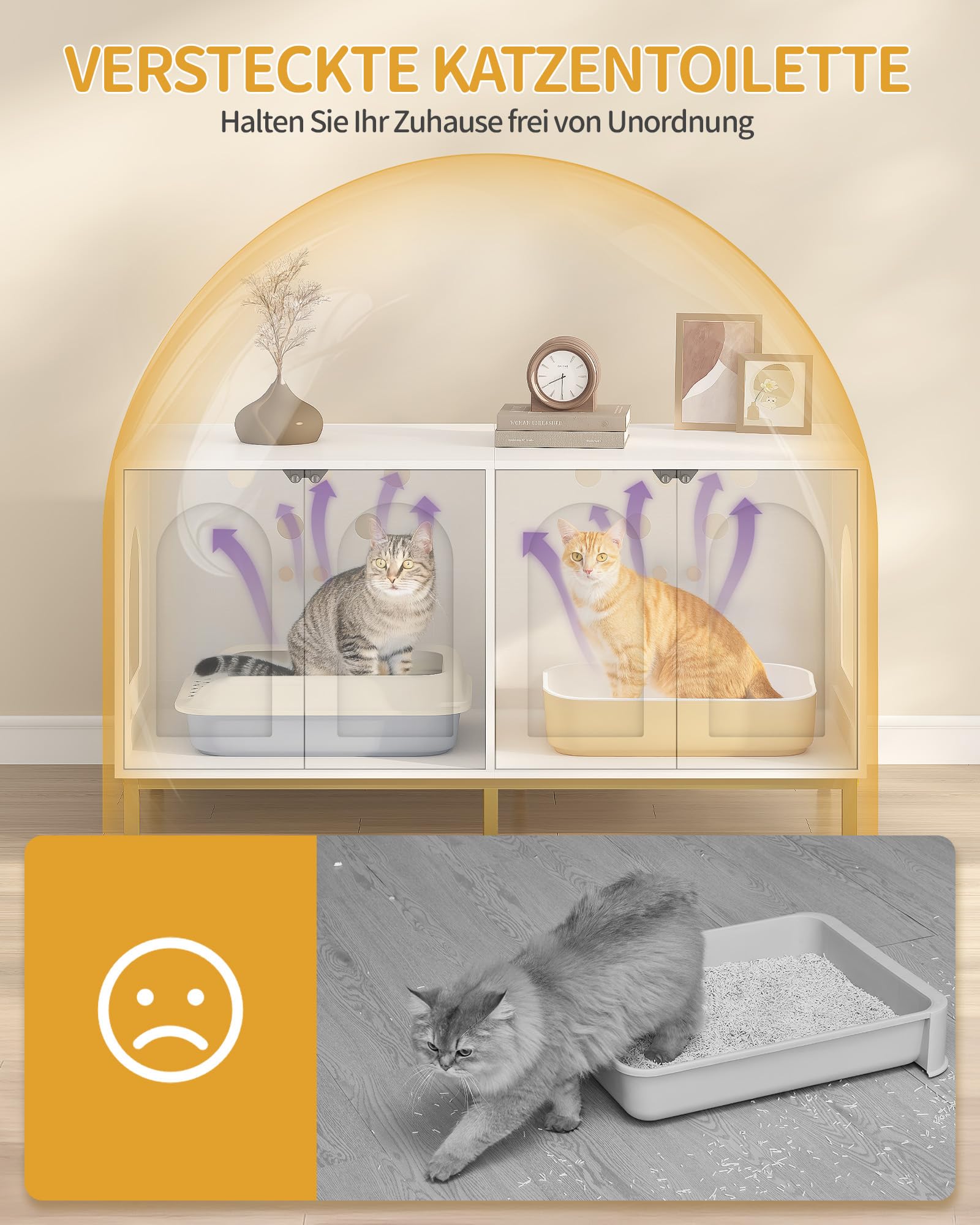 Hzuaneri Katzenschrank für 2 Katzen, 119cm Katzenklo Schrank, Weiß und Gold | Versteckte Katzentoilettenmöbel, Hölzernes Haustierhaus, Aufbewahrungsschrankbank, Passend für Katzentoilettenkä, CB82313A