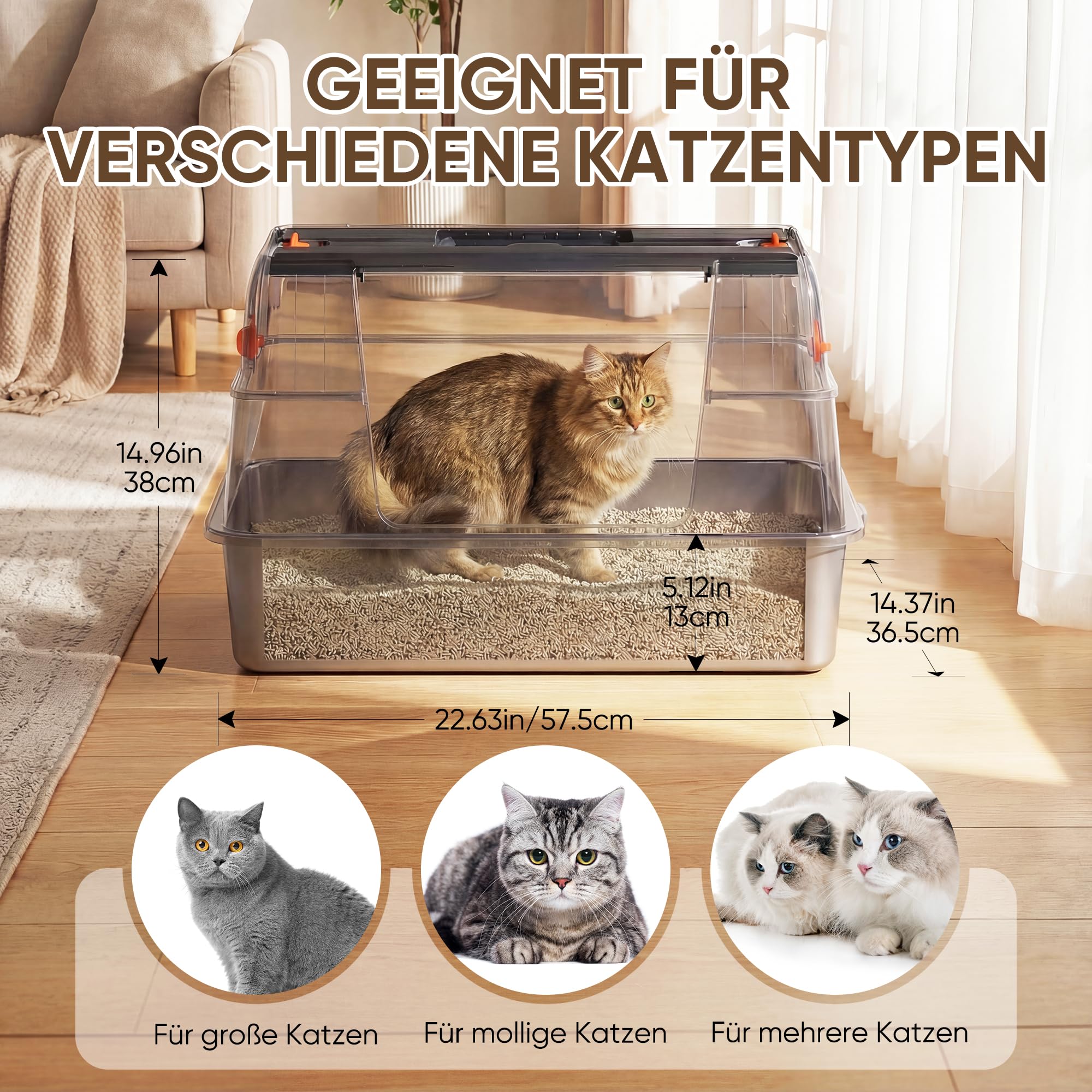 XL Katzenklo aus V2A-Edelstahl mit Klappdeckel, geschlossen | V2A-Edelstahl, rostfrei, geruchsresistent, hoher Rand gegen Urinspritzer, leicht zu reinigen, Schaufel & Matte inklusive