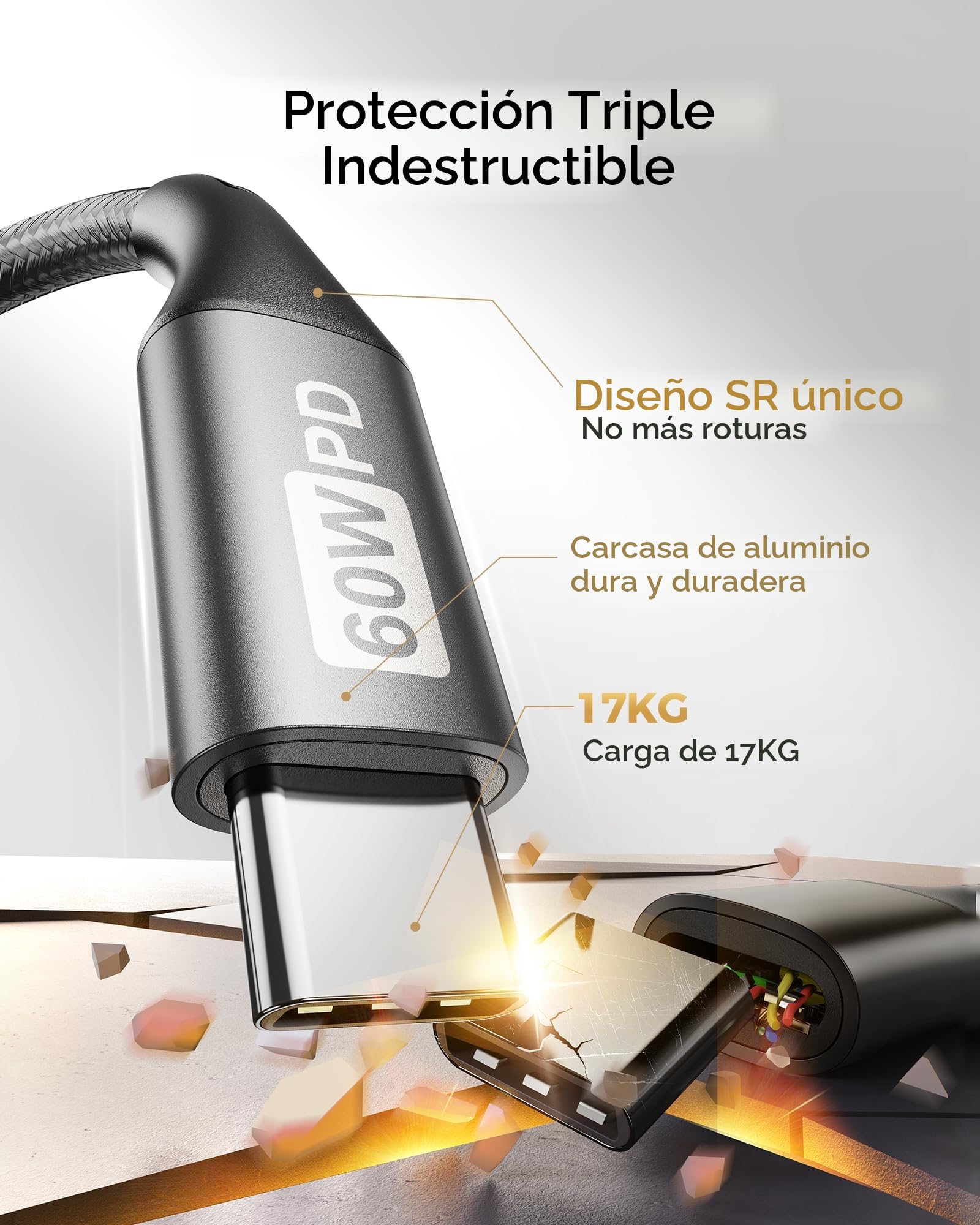 Cable USB C a USB C 2M+1M+50CM, 60W 20V 3A Cable USB C Carga Rapida, PD3.0 QC3.0 Cable USB Tipo C para iPhone 15 Pro Max, Samsung S23 Ultra, iPad Pro