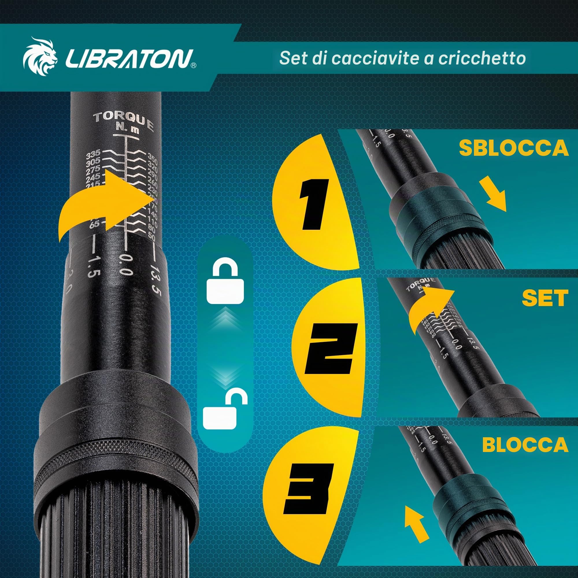 LIBRATON Chiave dinamometrica 1,27 cm, 50-350 NM, chiave dinamometrica ± 3% di precisione, robusta asta del cambio da 55,9 cm, 72 denti a doppia direzione regolabile per la manutenzione del motore e