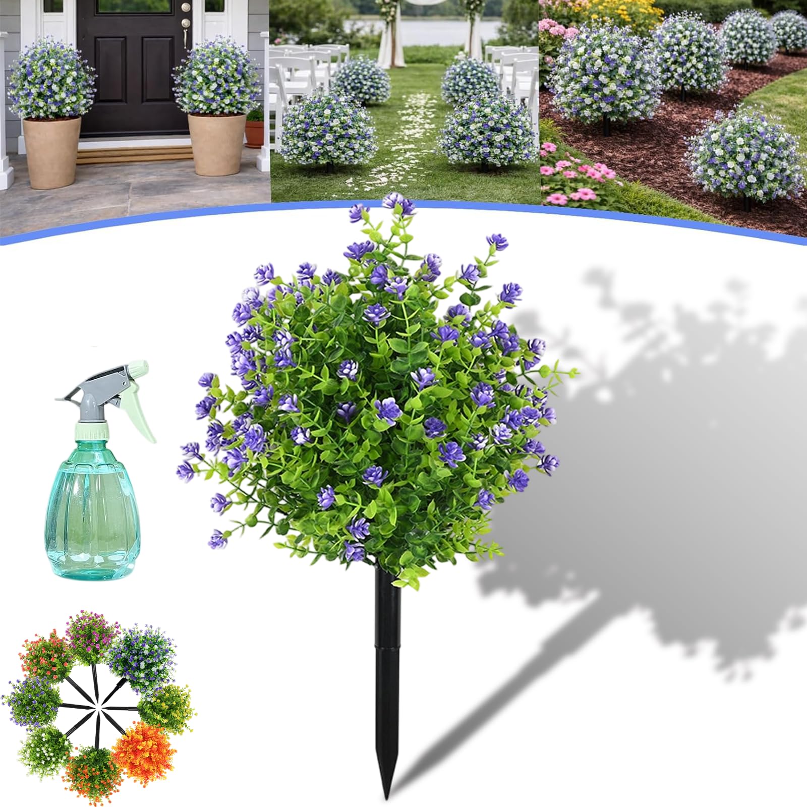 Artificial Potted Trees with Ground Stakes, UV Resistant Faux Plants for Outdoors, Realistic Artificial Outdoor Topiary Bushes in Pots, Fake Garden Shrubs for Front Porch Patio Decor (F,4 Pcs)