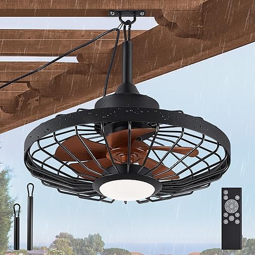 LEDIARY Ventiladores de techo para exteriores de 20 pulgadas con luz para patios y cenador con control remoto, iluminación enjaulada para toldo de