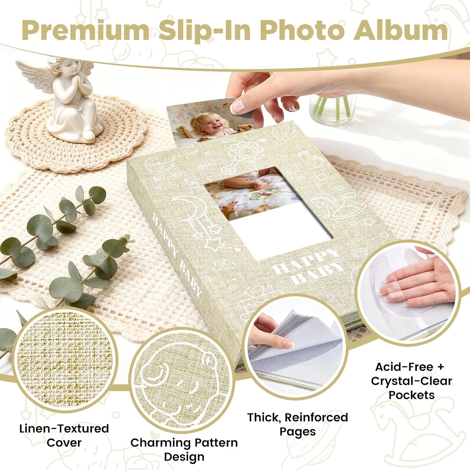 Baby Photo Album 4x6 300 Pockets with Memo Area, Photo Stickers & Hand and Footprint Kit, Linen Cover Baby Memory Book with Front Window, First Year Keepsake for Newborn Boy Girl