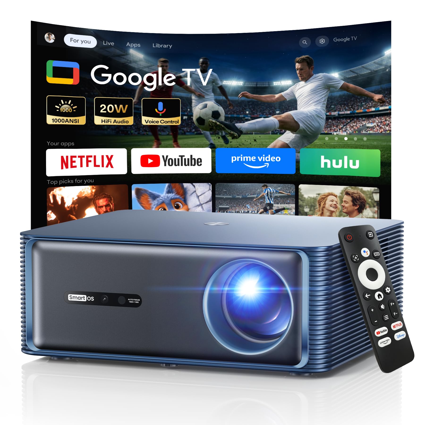 Boldever 1000 ANSI Google TV Smart Projector - 4K Support Projector with WiFi and Bluetooth, Outdoor Movie Proyector with 20W HiFi Speakers, Auto